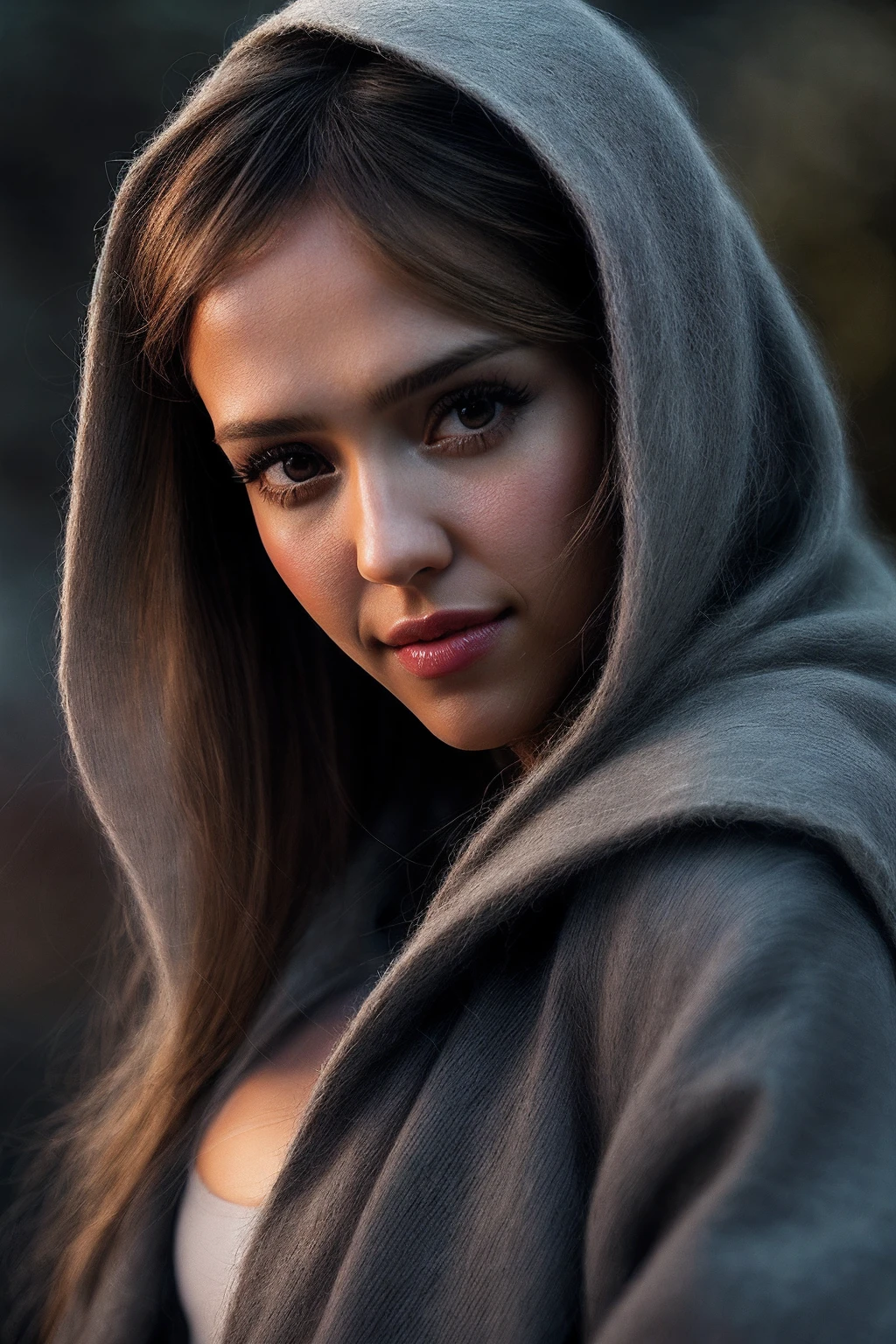 JessicaA_SoloTI_v1, a beautiful woman, perfect hair, (modern photo, Steel Gray Wool-blend cocoon coat in a modern geometric pattern for a chic look:1.1), closeup portrait, 85mm, (analog, cinematic, film grain, hazy atmosphere:1.3), ((outside, rivendell background, sunset:1.2)), detailed eyes, (painted lips), (seductive), (cinematic shot:1.3), <lora:add_detail:0.6> ,<lora:LowRa:0.5>