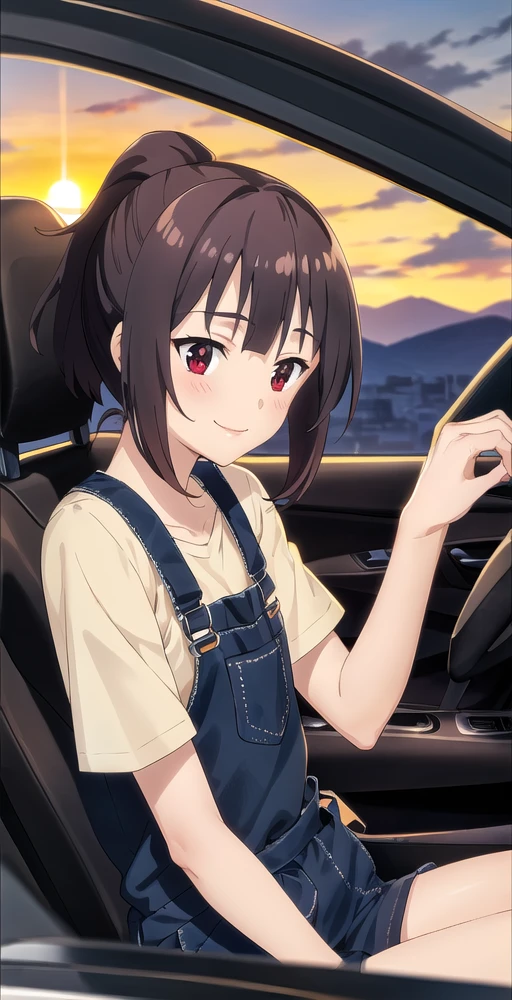 MeguminV2, 1girl, solo, smile, ponytail, driving car, overalls, sunset background, perfect quality, good quality, masterpiece, HDR, UHD <lora:Megumin V2-000003:0.7>