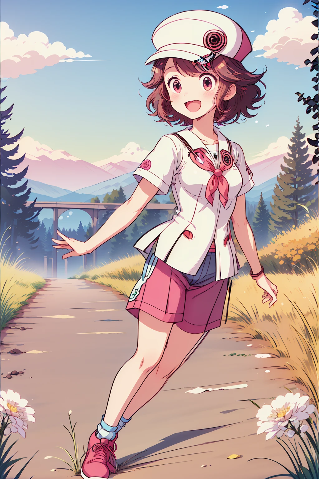 1girl,pinktrainer, <lora:Pinktrainer:0.9>,hat,short sleeves,shorts,short hair,outdoors,in field,happy,:d,straight on,front shot,full body, <lora:add_detail:0.5>