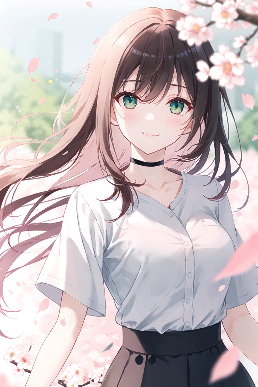 cherry_blossoms, blurry, blurry_foreground, depth_of_field, 1girl, blurry_background, petals, long_hair, bird, smile, solo, spring_\(season\), brown_hair, green_eyes, branch, looking_at_viewer, shirt, short_sleeves, white_shirt, bangs, blush, eyebrows_visible_through_hair, falling_petals, pink_flower, closed_mouth, hair_between_eyes, motion_blur, breasts, hanami, choker, wind, outdoors, flower <lora:style_Hiten_T3:0.5> <lora:style_MiwanoRag:0.5>