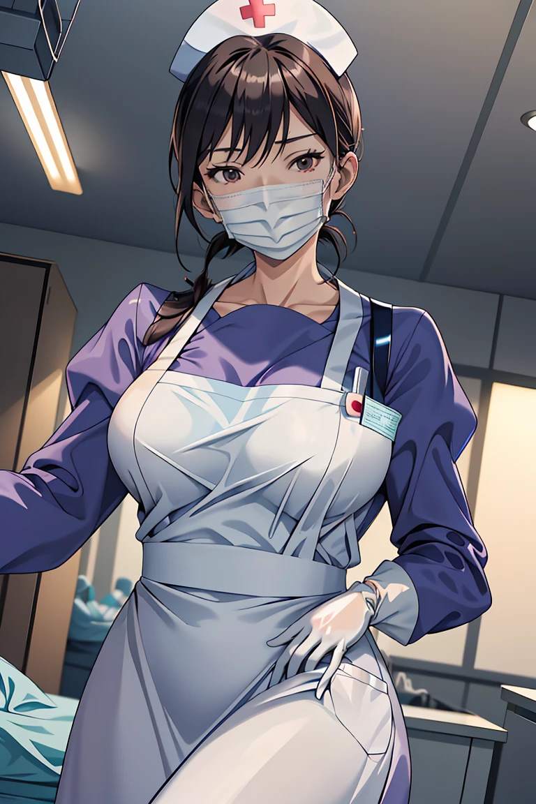 (RAW photo, best quality), 1girl, operating room, overhead surgical light,blurred background, focused,
 <lora:Fubuki Kyouka_GT_V1.0-000006:0.8> fubuki kyouka,
 <lora:Long Apron Nurse v2:0.8> (nurse_long_apron, apron, nurse cap, surgical mask, latex gloves, long sleeves,long dress),