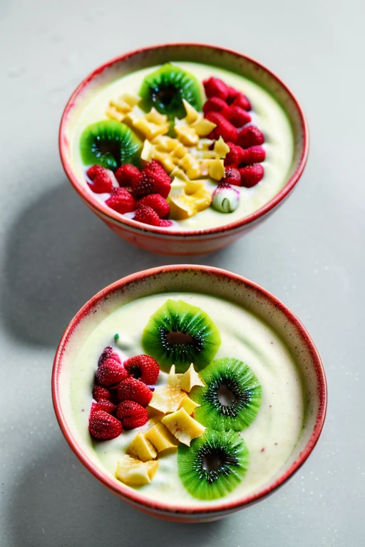 (fresh fruit:1,ripe,healthy:1,scene:1.5,realistic,hdr,photoreal,dish,mockup,scene creator),Tropical Fruit Smoothie Bowl: A thick and creamy smoothie bowl made with blended tropical fruits like pineapple, mango, and banana, topped with sliced kiwi, shredded coconut, and granola.