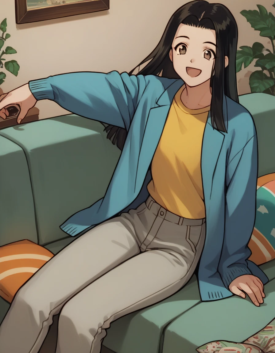 score_9, score_8_up, score_7_up, score_6_up, score_5_up, score_4_up, source_anime,
<lora:golden-boy-ponyxl-000025:1>
okiron, long hair, black hair, bangs, hair down, blue jacket, yellow shirt, grey pants,
1girl, solo, sitting, happy, watching television, sofa, dark, living room