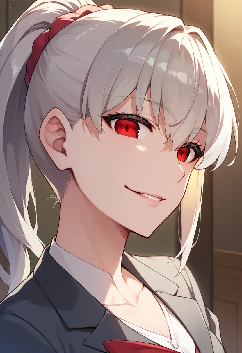 score_9, score_8_up, score_7_up, source_anime, 1girl,red eyes,smile, room, wariza, ponytail,grey hair, portrait, blazer, <lora:ReDrop-Style-PonyXL:1>