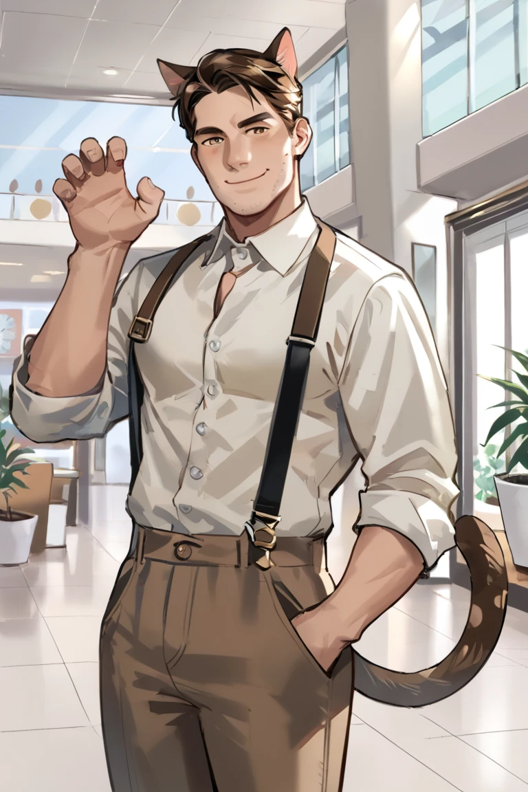 Skinny 17-year-old boy wearing a white short-sleeved dress shirt, brown pants and white sneakers, brown hair is sitting in a chair facing him, he is holding his giant penis ,Big dick,his shirt is unbuttoned he looks at it with pleasure and anger 