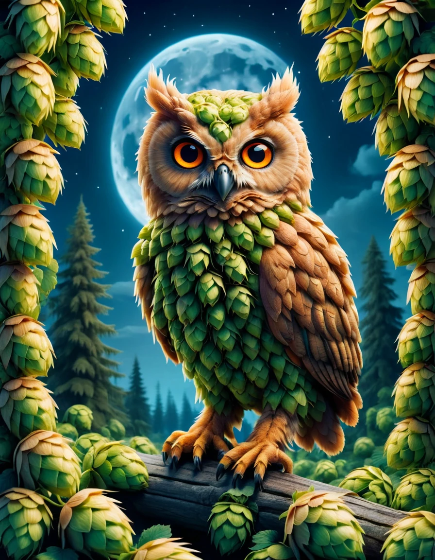 an owl in a mythical forrest, at night, bright sky <lora:ral-hops:1> ral-hops