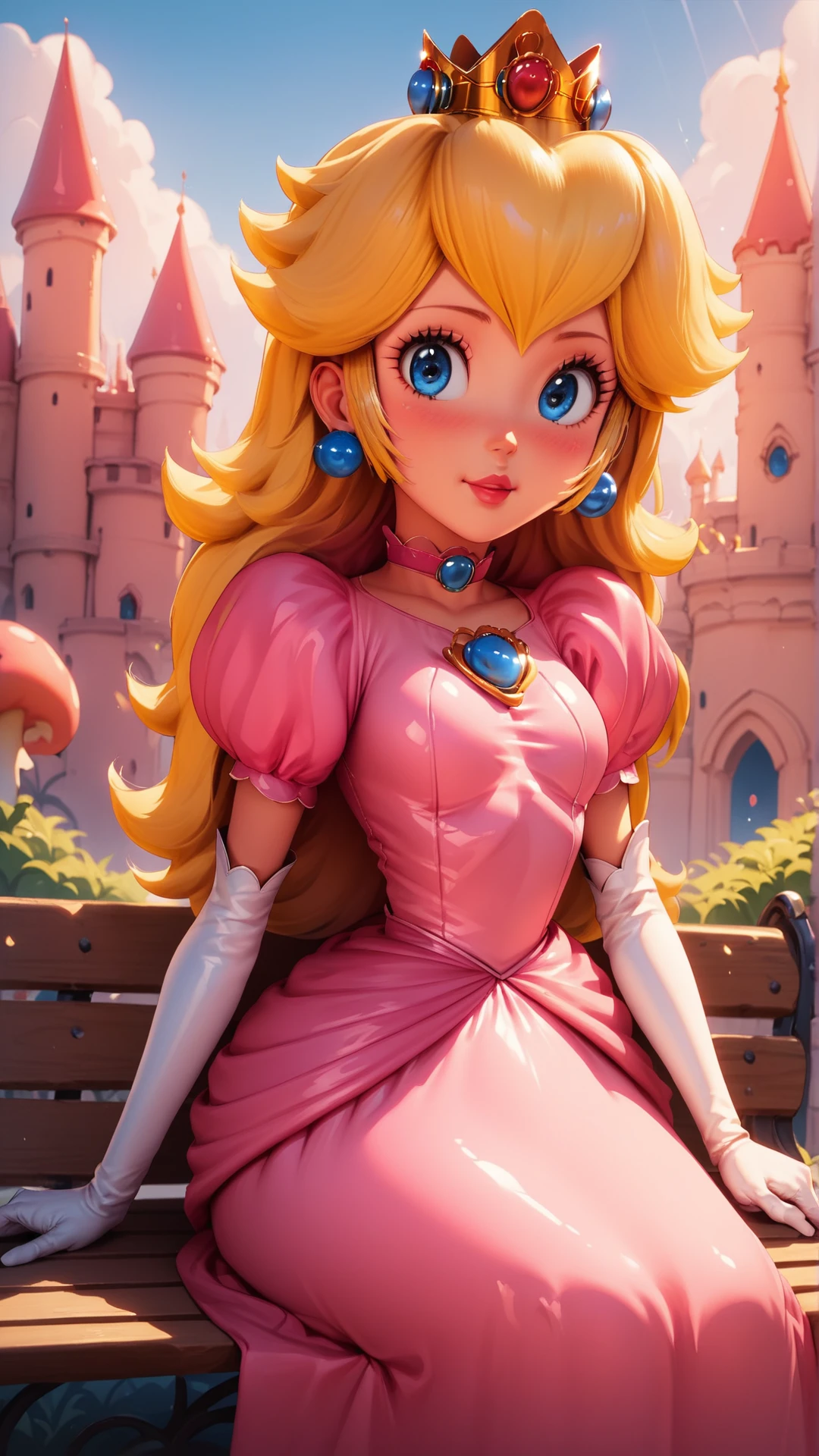 score_9,score_8_up,score_7_up,score_6_up,score_5_up,score_4_up BREAK source_anime,<lora:Princess_Peach_Shiny_Style-000009:1>,1girl,blush,princess peach,shiny skin,blonde hair,skinny,blue eyes,crown,gloves,choker,outdoors,castle,bloom,pink dress,pose,sitting,bench,