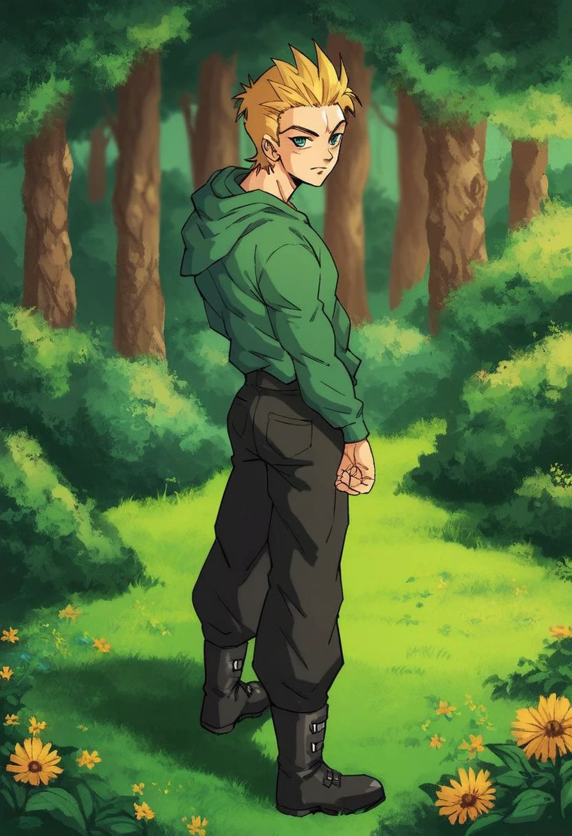 score_9, score_8_up, score_7_up, score_6_up, score_5_up, score_4_up,source_anime,Siesta,Color, in forest, green long sleeve sweatshirt, black pants, black boots, blonde hair