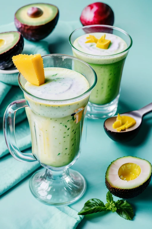 (fresh fruit:1,ripe,healthy:1,scene:1.5,realistic,hdr,photoreal,dish,mockup,scene creator),Avocado Mango Smoothie: Creamy avocado blended with ripe mangoes, Greek yogurt, and a splash of coconut water for a nutritious and tropical smoothie.