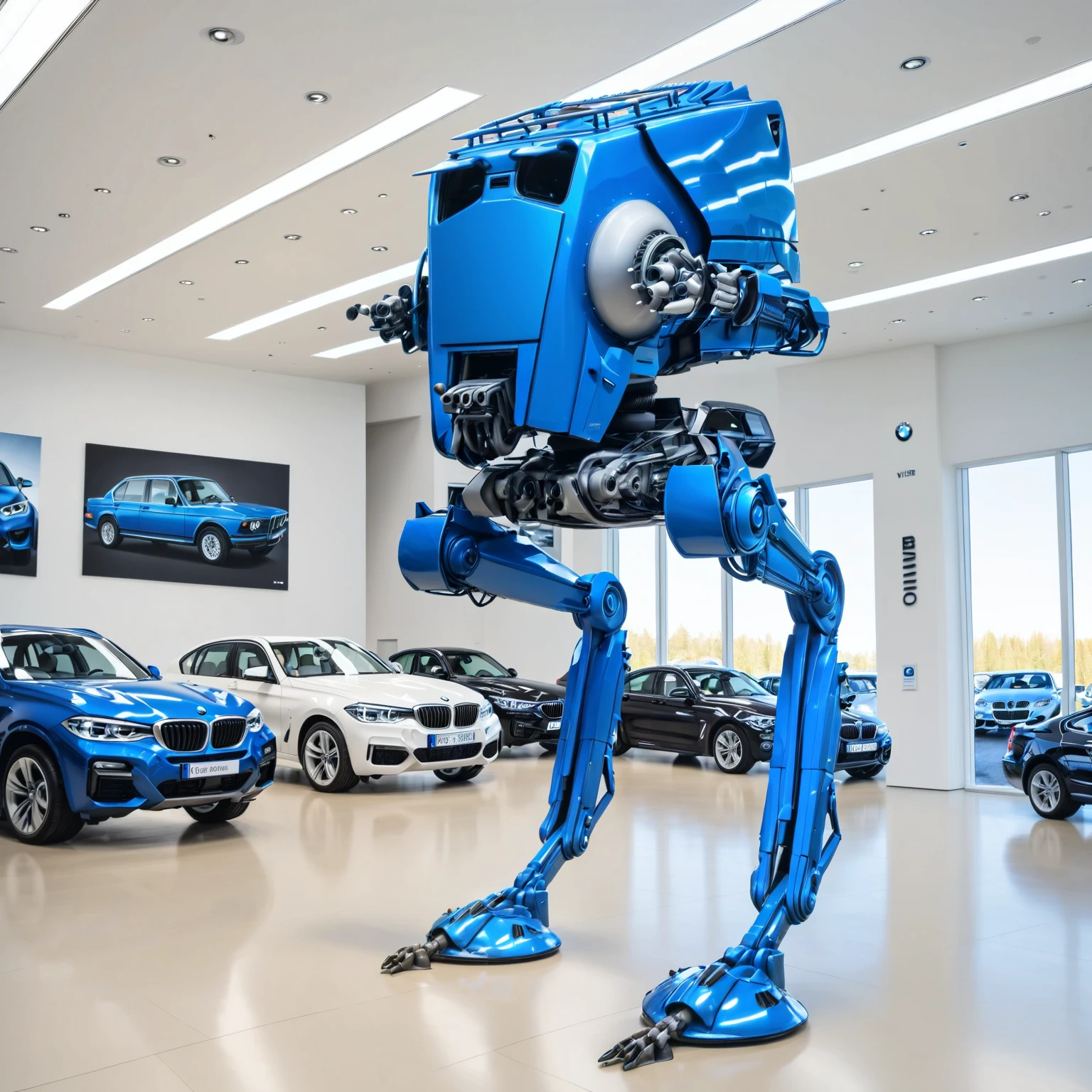 a giant atstwlkr in a BMW showroom in glossy blue paint, BMW, high-def, high quality,