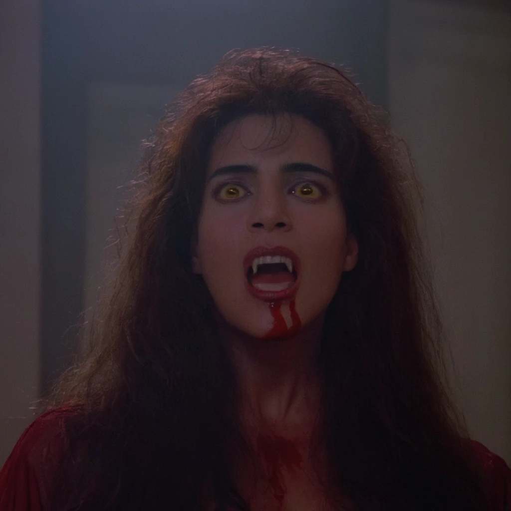 cinematic film still of <lora:Fright Night 1985 style v2:1>
In the 1980's Regine,Julie C,Vampire9,a vampire human with white big fangs teeth,yellow eyes,vampiress2 a woman with her mouth open and a toothy grin on her face,1girl,solo,looking at viewer,open mouth,black hair,jewelry,earrings,teeth,tongue,blurry,lips,fangs,sharp teeth,portrait,realistic,nose,horror (theme),uvula , horror themed, dark themed, low key light, dramatic light, dramatic shadow light, contrast, cinematic color, cinematic look, filmic, realistic, realism, perfection, perfect, Kodak, Kodak film, movie still, Fright Night 1985 style, Fright Night Film style, shallow depth of field, vignette, highly detailed, high budget, bokeh, cinemascope, moody, epic, gorgeous, film grain, grainy