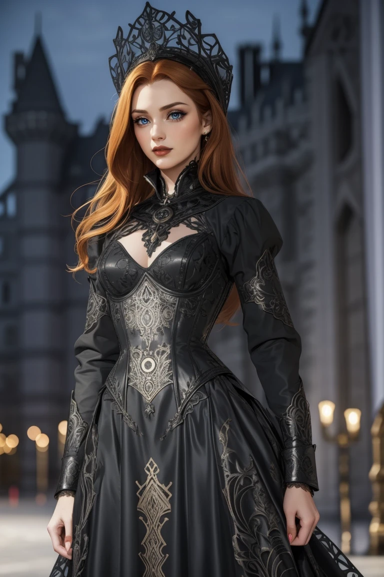 portrait, woman, ginger long hair, HUD_Evl_Qn, makeup, lipstick, long black dress, headdress, high collar, neckpiece, laser cut, intricate carved corset, long sleeves, boots, <lora:Fairy_Tale_Dress_2__evil_queen-000008:0.65>, castle background at night