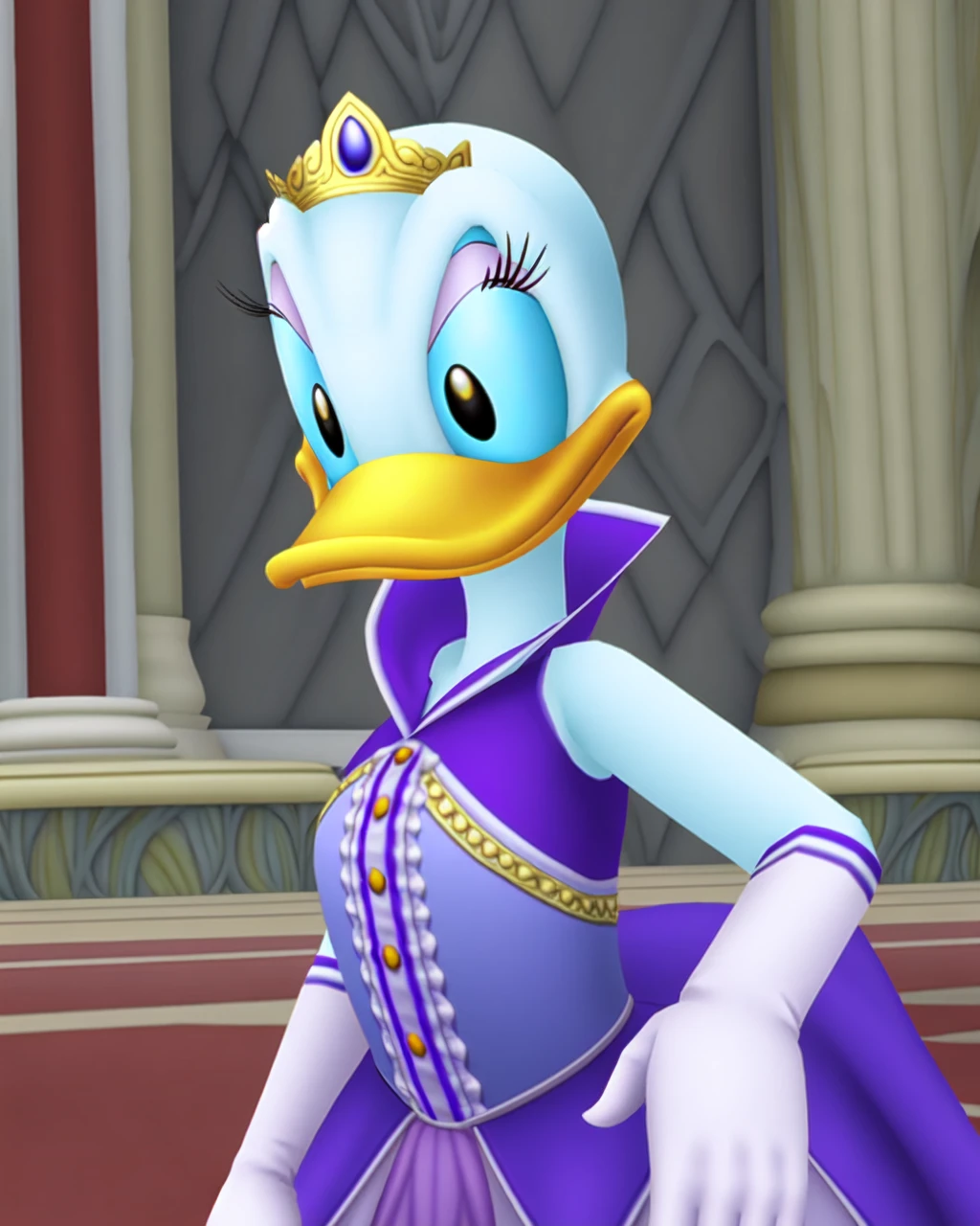 <lora:last:0.9> duck, daisy_duck, anthro, (medium breasts), sleeveless, tiara, crown, solo, bird, gloves, beak, dress, purple dress