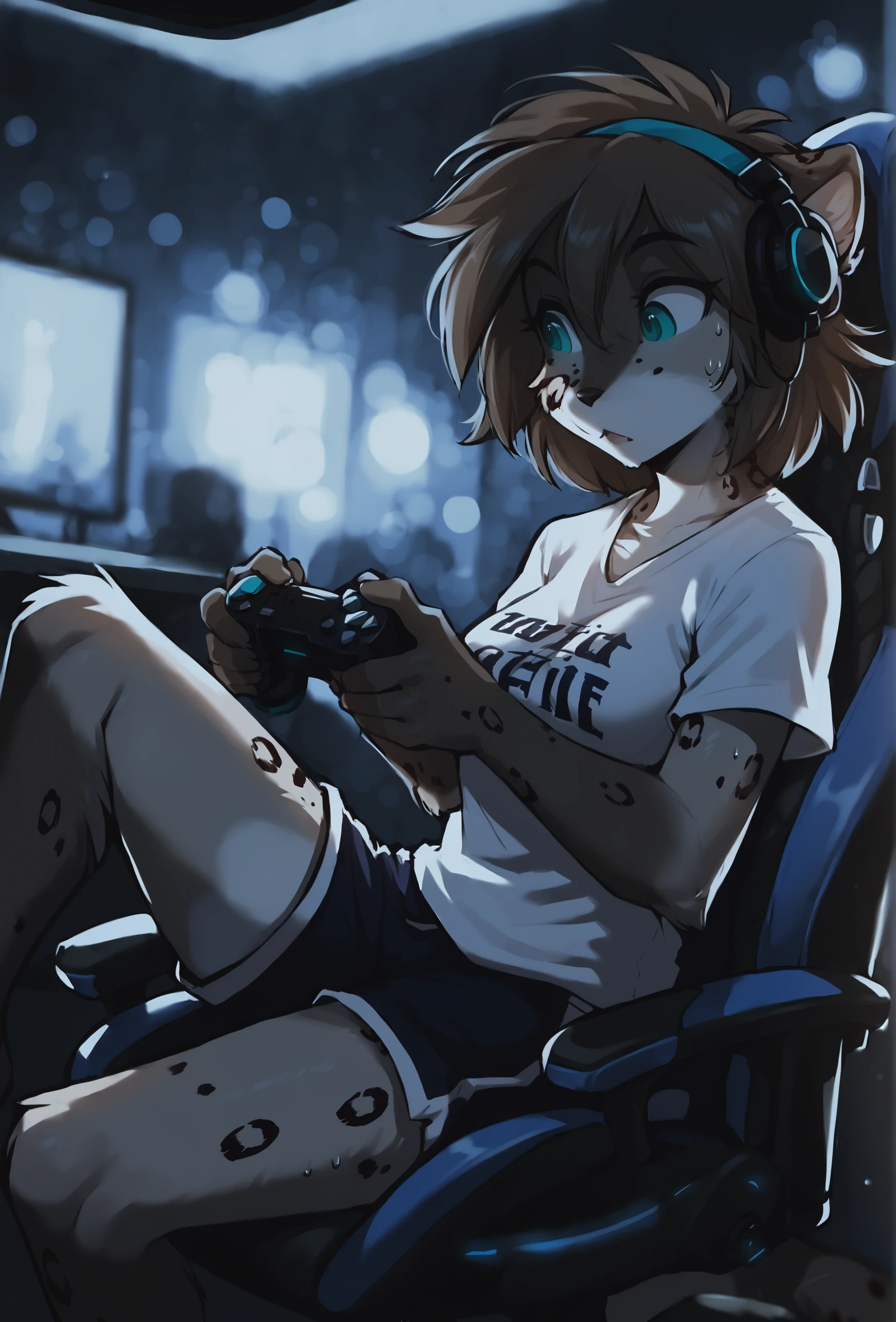 score_9, score_8_up, score_7_up, score_6_up, score_5_up, score_4_up, dark theme, low light, indoors, gaming chair, game controller, furrowed brow, from side, depth of field, bokeh, dramatic lighting, BREAK
kathrin vaughan, 1girl, (eye reflection:1.3), detailed eyes, medium hair, t-shirt, clothes writing, hairband, dynamic pose, headphones, sweat, knee up, shorts, <lora:kathrin_vaughan_ponyxl_r6_e10:0.95> BREAK
<lora:Smooth Night Style SDXL_LoRA_Pony Diffusion V6 XL:0.75>