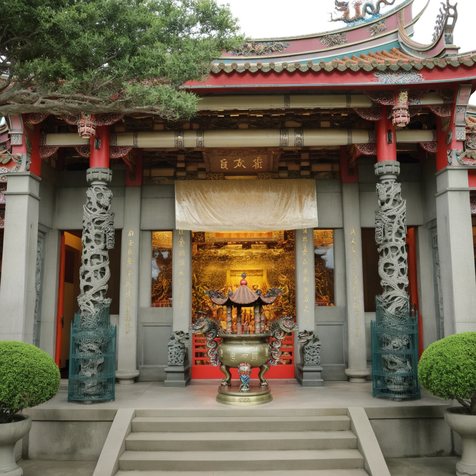 <lora:JJsTaiwanese_Temple_XL:1>, ((Taiwanese Temple)), masterpiece, best quality, scenery, outdoors, building, tree, stair, real world location, grass, bush, door, window, roof, walkway ,dawn, day, statue, subject, high quality, column, people perspective, dramatic lighting, dragon  stone statue, tiger  stone statue,