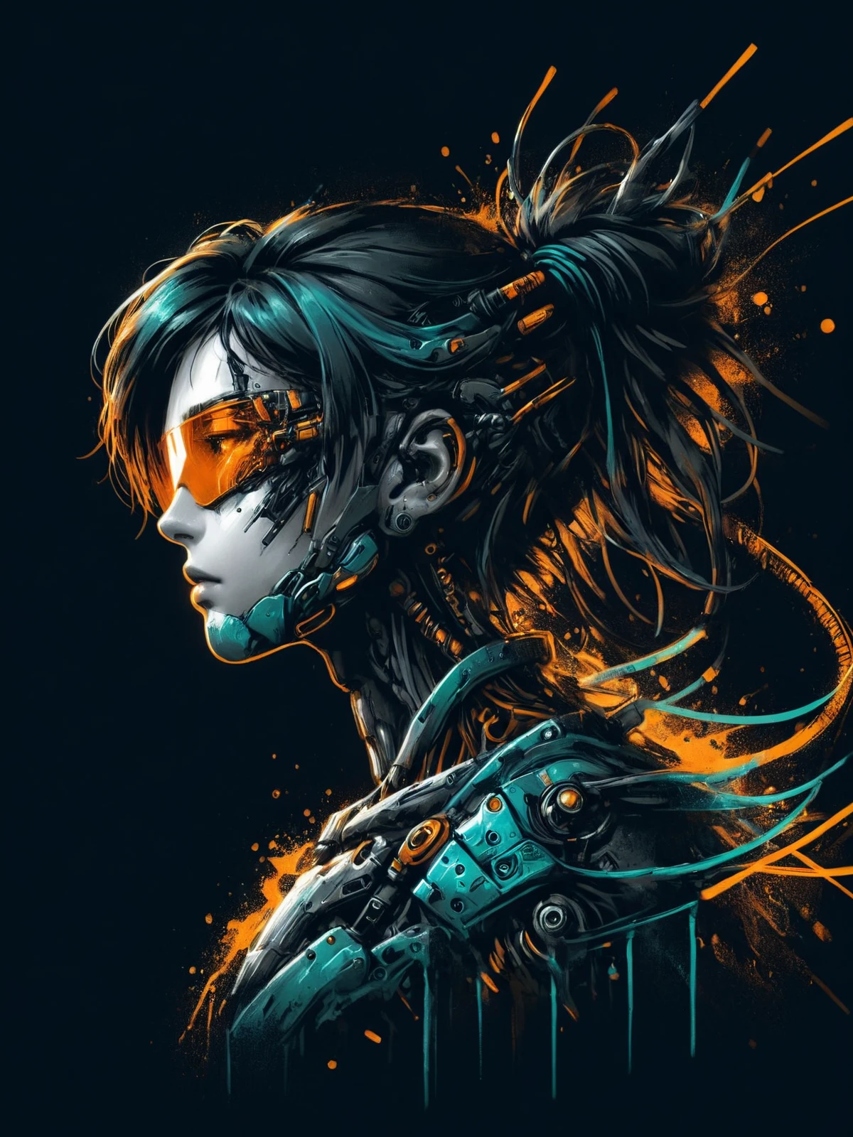 woman, mad-cbrpnksplshrt <lora:Splash_Art_SDXL:1.2> dark background, Slight head tilt pose, (masterpiece:1.2), best quality