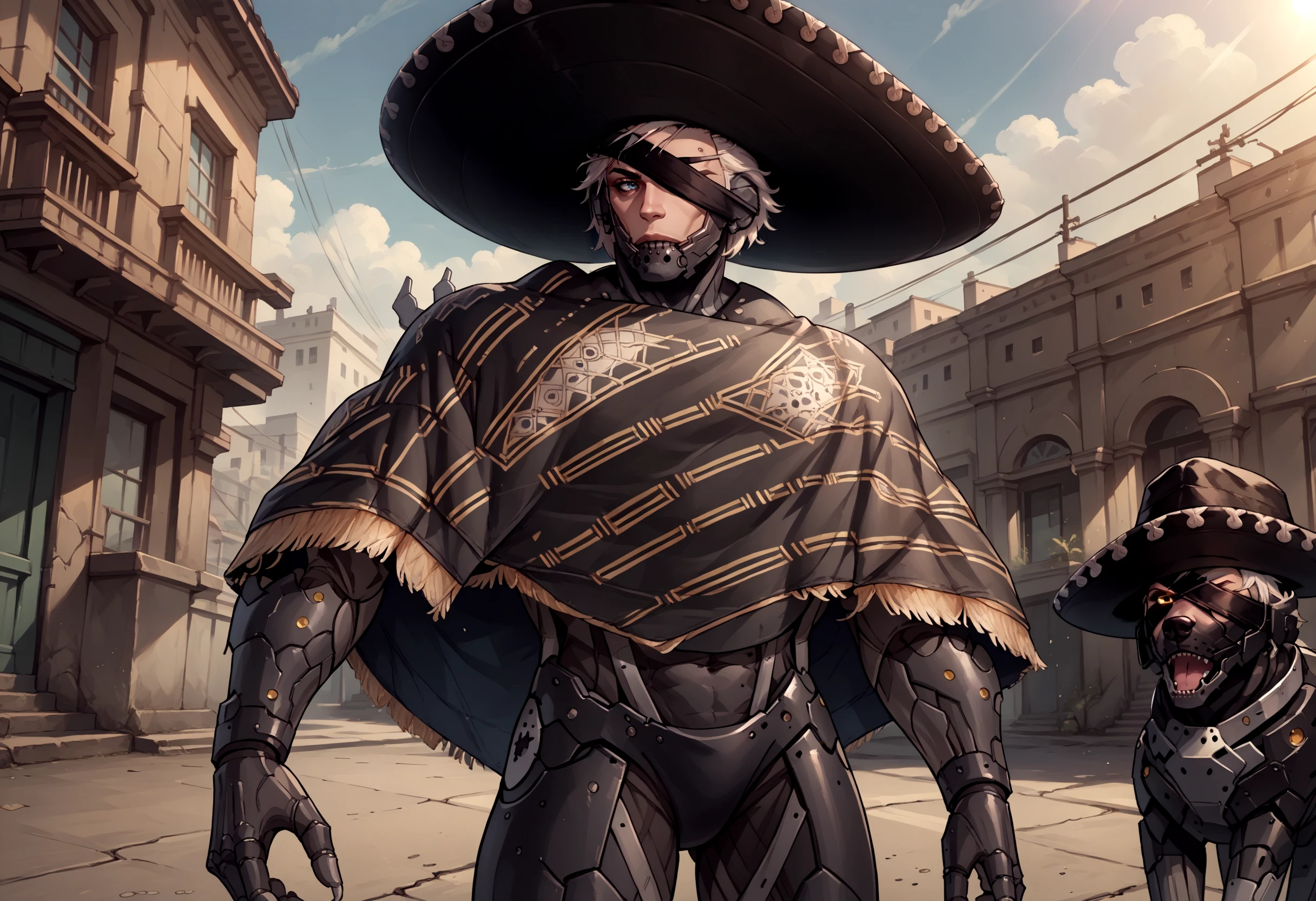 score_9, score_8_up, score_7_up, source_anime, 1boy, RaidenMGRSombrero, hat, <lora:RaidenMGR_XLPD:1>, cyborg, bodysuit, eyepatch, white hair, dog, mechanical dog,