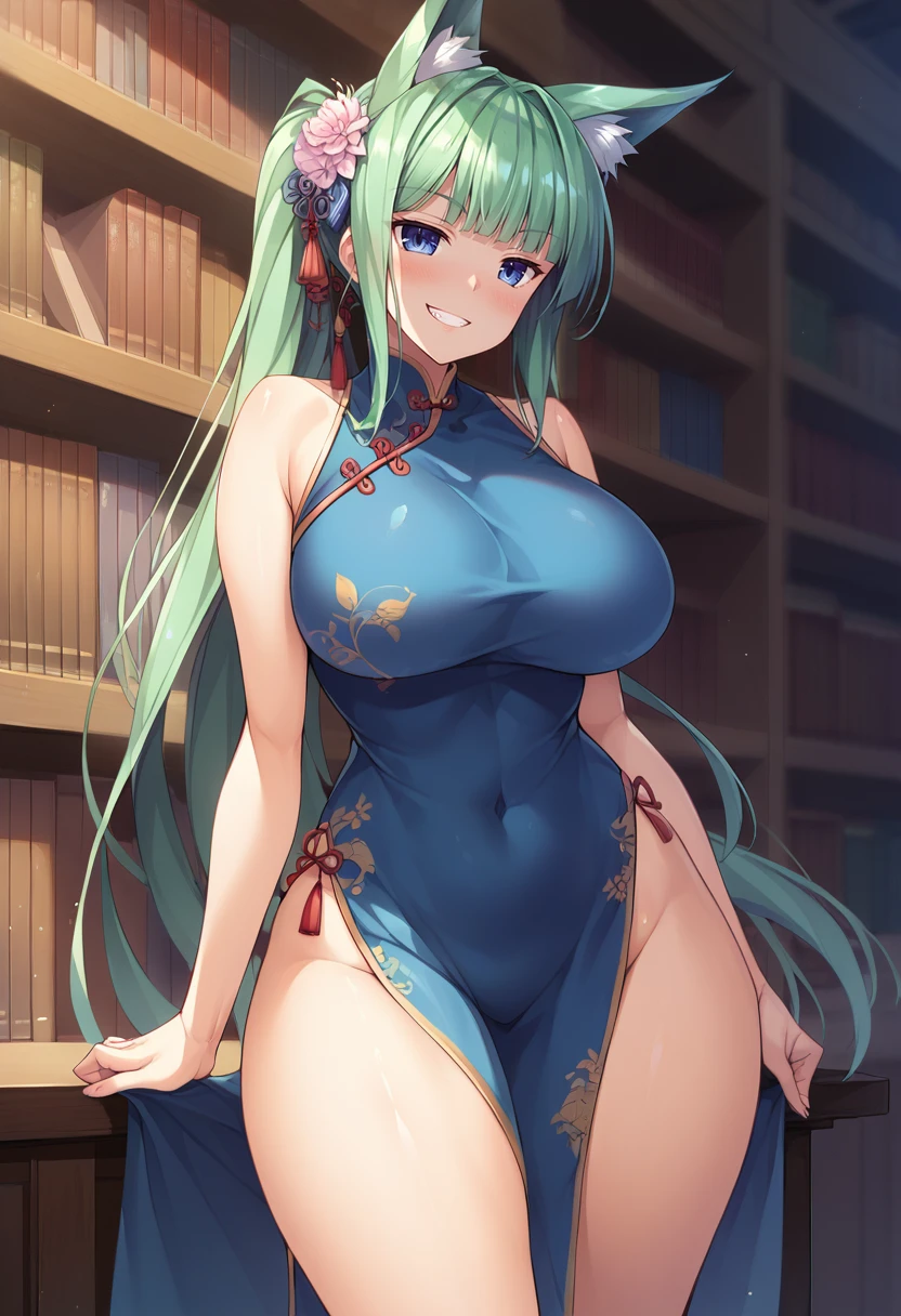 score_9, score_8_up, score_7_up, source_anime, 1girl, solo, library, blue eyes, green hair, fox girl, fox ears, qipao, standing, cowboy shot, standing, facing forward, blue chinese dress, grin, blush, big breasts, wide hips, thick thighs, blunt bangs, ponytail, <lora:Hinata-Nao-Style-PonyXL-000046:1>