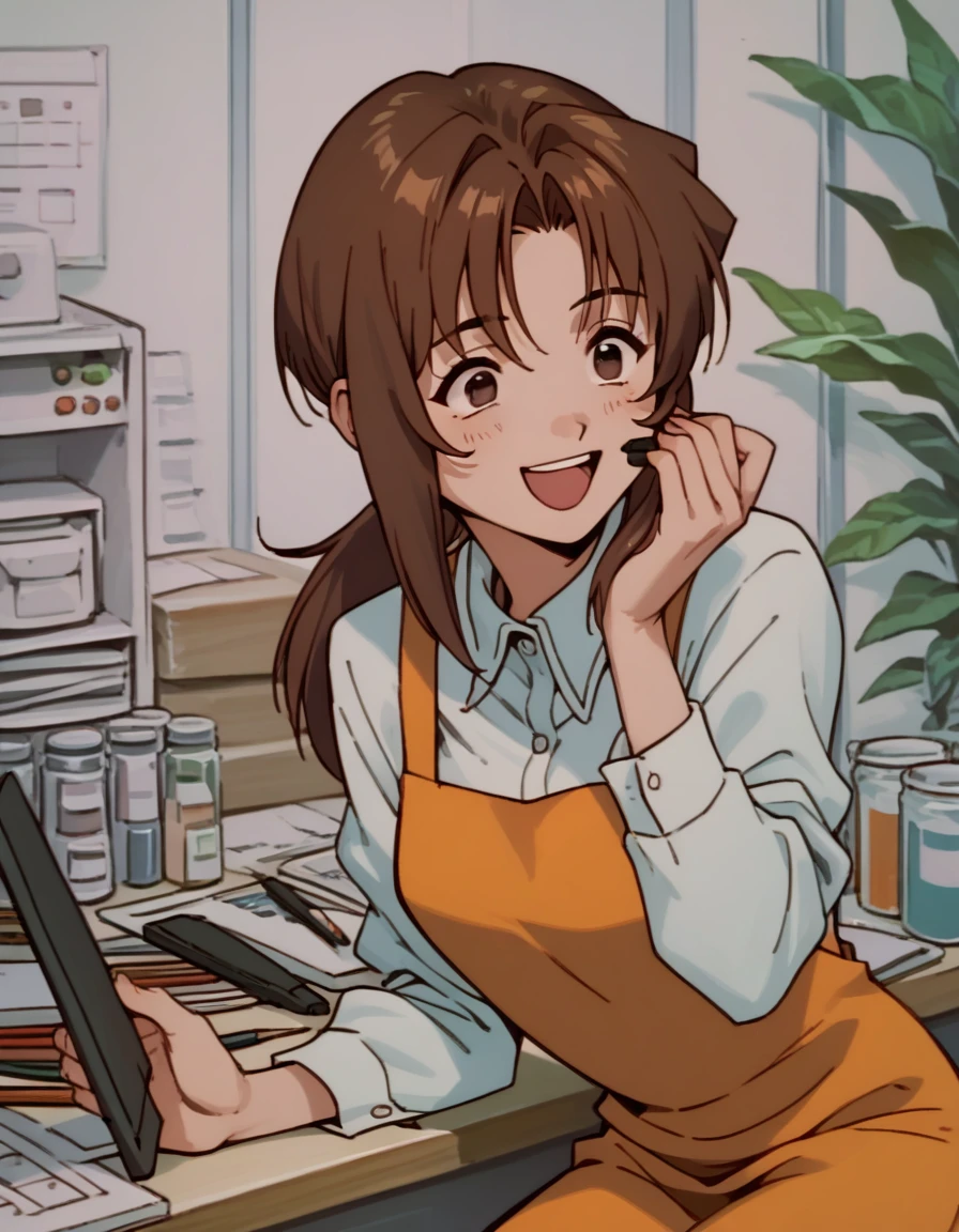 score_9, score_8_up, score_7_up, score_6_up, score_5_up, score_4_up, source_anime,
<lora:golden-boy-ponyxl-000025:1>
eihc, low ponytail, brown eyes, brown hair, orange apron, white shirt, collared shirt,
1girl, solo, excited, holding stylus, drawing tablet, office