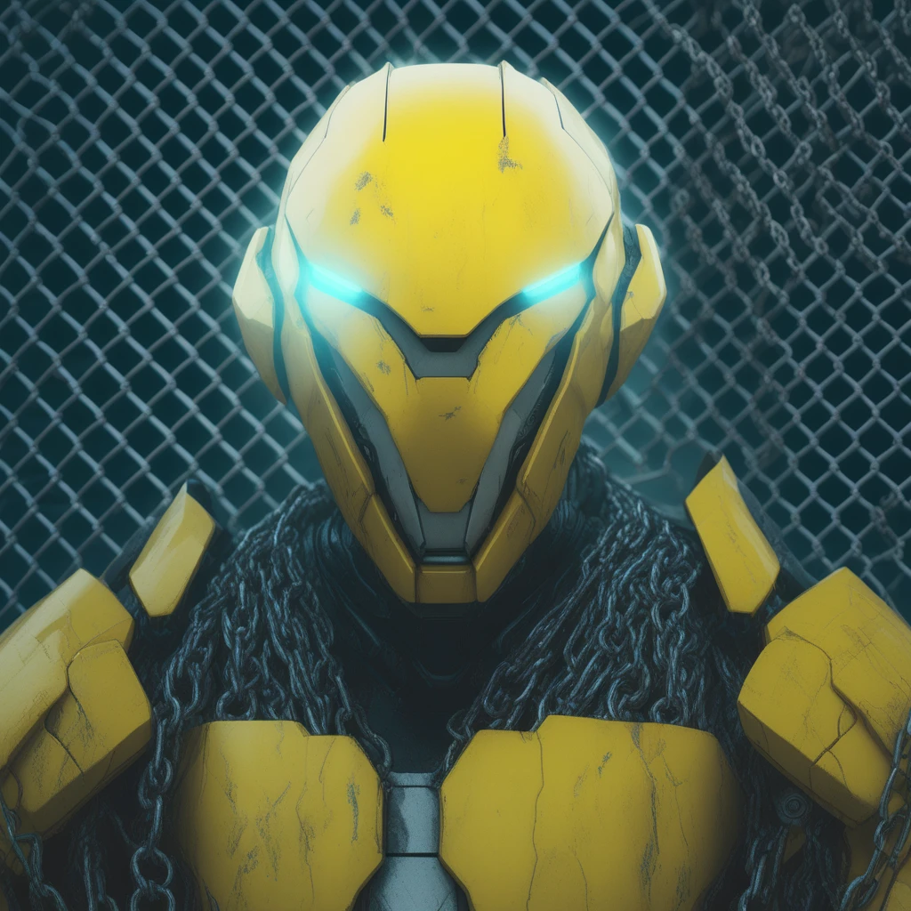 a robot with glowing eyes and a yellow helmet on it's head and a chain link fence behind it