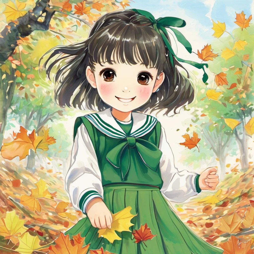 children-drawing,colorful drawing,whimsical drawing,1girl,solo,school uniform,skirt,scarf,long sleeves,autumn,green skirt,looking at viewer,sailor collar,bow,black eyes,long hair,autumn leaves,green leaves,bangs,blue sailor collar,shirt,smile,pleated skirt,white shirt,green scarf,black hair,leaf,yellow bow,outdoors,bowtie,ginkgo leaf,<lora:Ath_ink-painting_XL:1>,