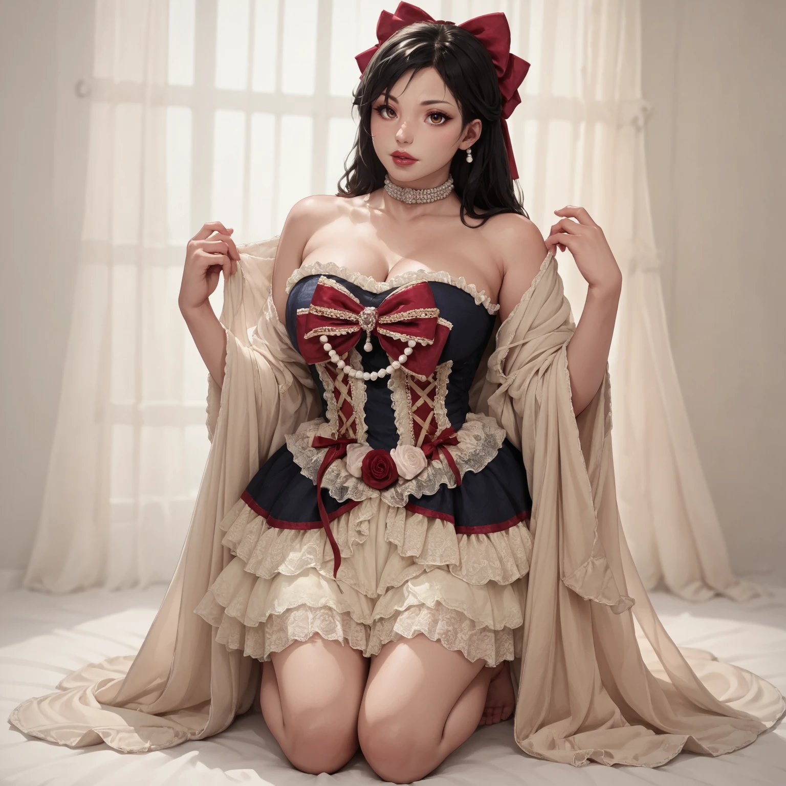 source_anime, score_9. score_8_up, score_7_up, score_6_up, score_5_up, score_4_up, (plump:0.3), large breasts, long black hair, 1girl, adult, large breasts, HUD_Sno_Wh1t, full body, makeup, lipstick, tiered lace-trimmed dress, frills, velvet corset, strapless, bow, choker, pearls, rose, shawl, <lora:Snow_White-000009:0.6>anime, posing