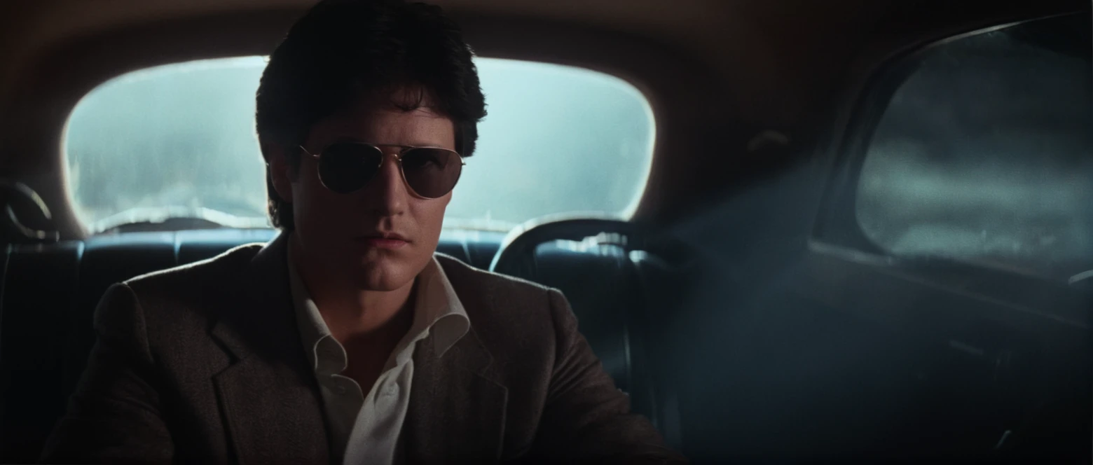 cinematic film still of  <lora:Fright Night 1985 style v2:1>
In the 1980's Charley Brewster William Ragsdale 24yo protagonist hero a man wearing sunglasses is sitting in a chair,solo,looking at viewer,short hair,shirt,black hair,1boy,male focus,parted lips,sunglasses,meme,realistic,car interior , horror themed, dark themed, low key light, dramatic light, dramatic shadow light, contrast, cinematic color, cinematic look, filmic, realistic, realism, perfection, perfect, Kodak, Kodak film, movie still, Fright Night 1985 style, Fright Night Film style, shallow depth of field, vignette, highly detailed, high budget, bokeh, cinemascope, moody, epic, gorgeous, film grain, grainy