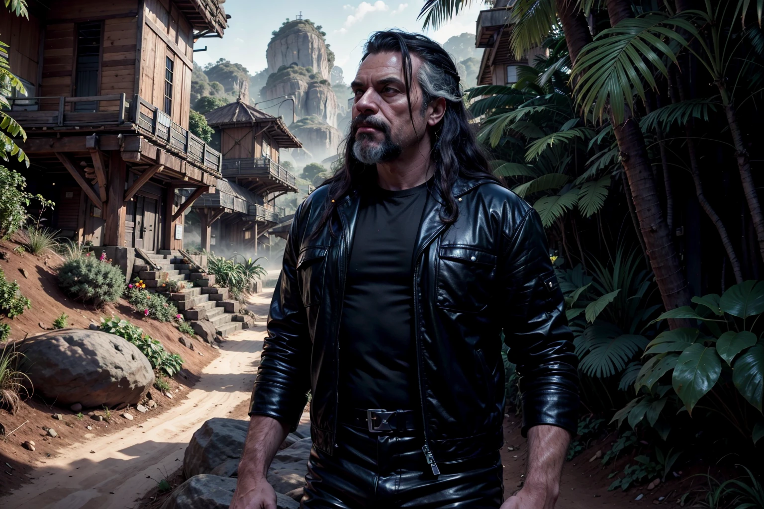 RAW photo of a primitive base carved out of the jungle, old technology, rust,jungle plants, trees, rainforest behind them, a man with long black hair with a white streak wearing a fur lined leather jacket <lora:T4l0nK44rd3:1> BREAK a woman with long orange hair wearing a black jumpsuit