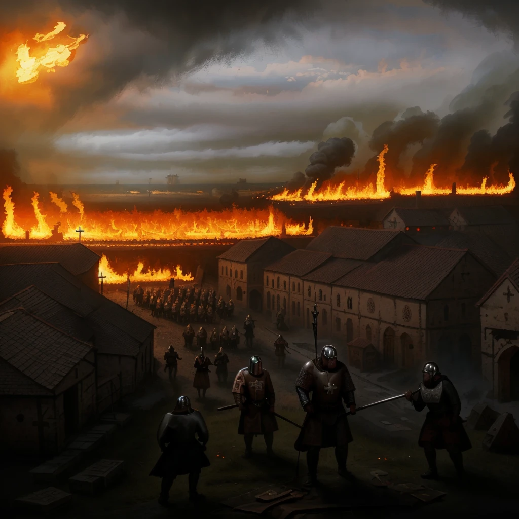 <lora:ck3_Style:1> ck3styl3, oil painting, medieval town, bleak, fire, army, battlefield
