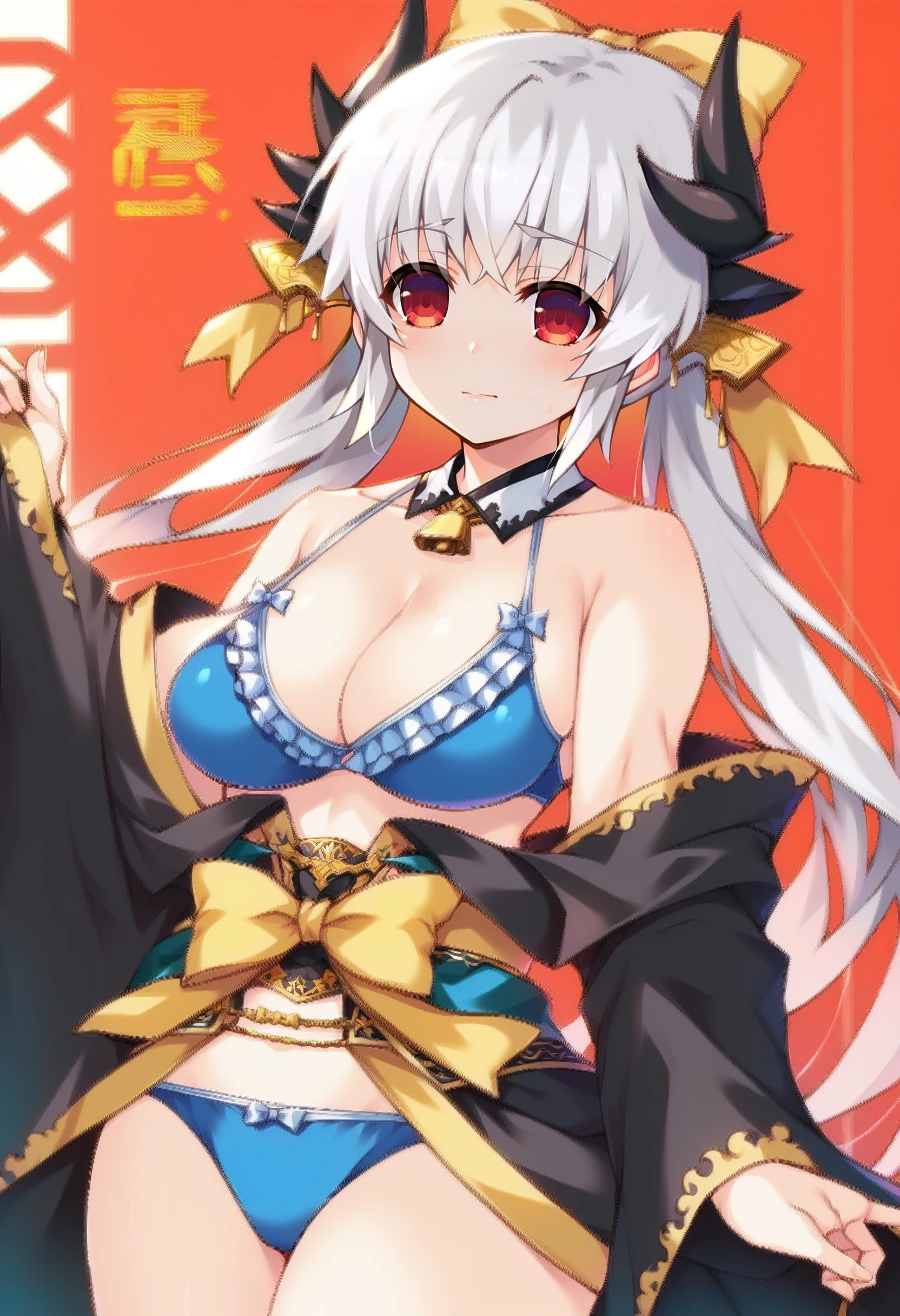 score_9, score_8_up, score_7_up, source_anime BREAK 1girl, <lora:spfateKiyohimeXLPony:1> kiyola3st, white hair, horns, yellow bow, blue bikini, cleavage, frills, frilled bikini, japanese clothes, black kimono, standing, cow-boy shot, <lora:Itou-Life-Style-PonyXL-000038:1>