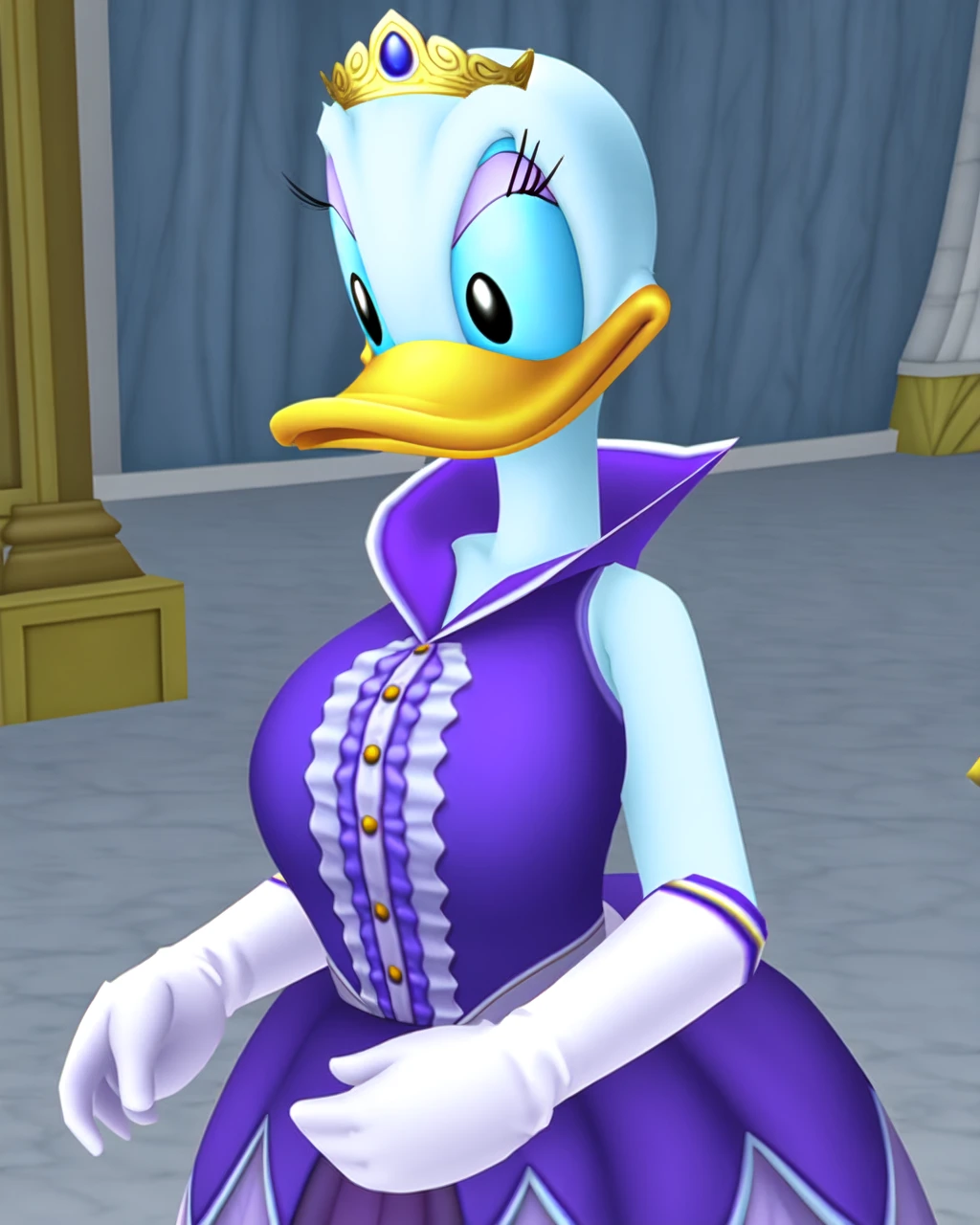 <lora:last:0.9> duck, daisy_duck, anthro, (huge breasts), sleeveless, tiara, crown, solo, bird, gloves, beak, dress, purple dress