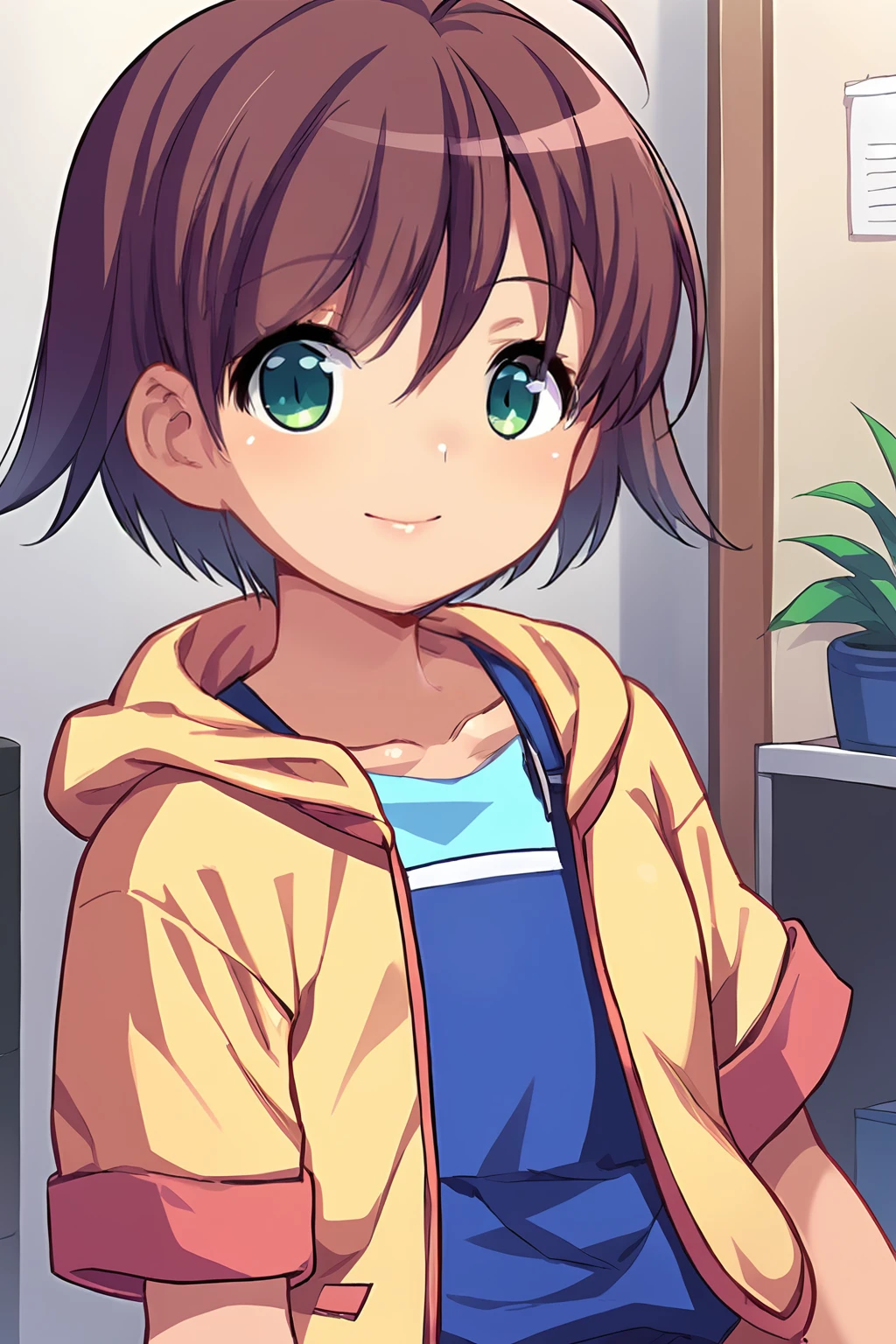 score_9, score_8_up, score_7_up, source_anime, 1girl, solo,
snn_V1, brown hair, short hair, bangs, ahoge, green eyes,
yellow jacket, open jacket, hooded jacket,
blue overalls, aqua shirt, t-shirt, short sleeves,
standing,
upper body, looking at viewer, smile, closed mouth,
indoors, office,
<lora:snnV1b-pony:0.85>