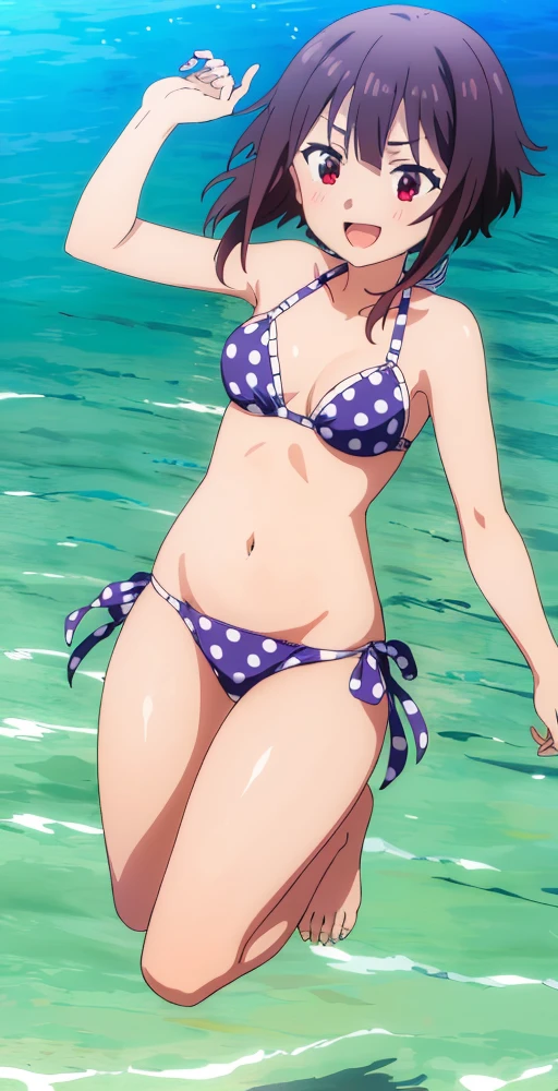 MeguminV2, 1girl, solo, happy, (polka dot pattern bikini), jumping into water, summer, perfect quality, good quality, masterpiece, HDR, UHD <lora:Megumin V2-000003:0.7>