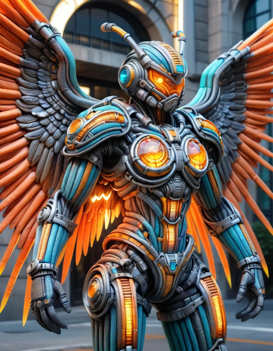 (best quality, masterpiece, colorful, dynamic angle, highest detailed)upper body photo, full body photo, fashion photography of cute mechangel, glowing 4 wings, solo, glowing armor, glowing halo, building, glowing mechanical 4 wings (intricate details, hyperdetailed:1.15), detailed, light passing through hair, (official art, extreme detailed, highest detailed) <lora:ral-watrho:1> ral-watrho