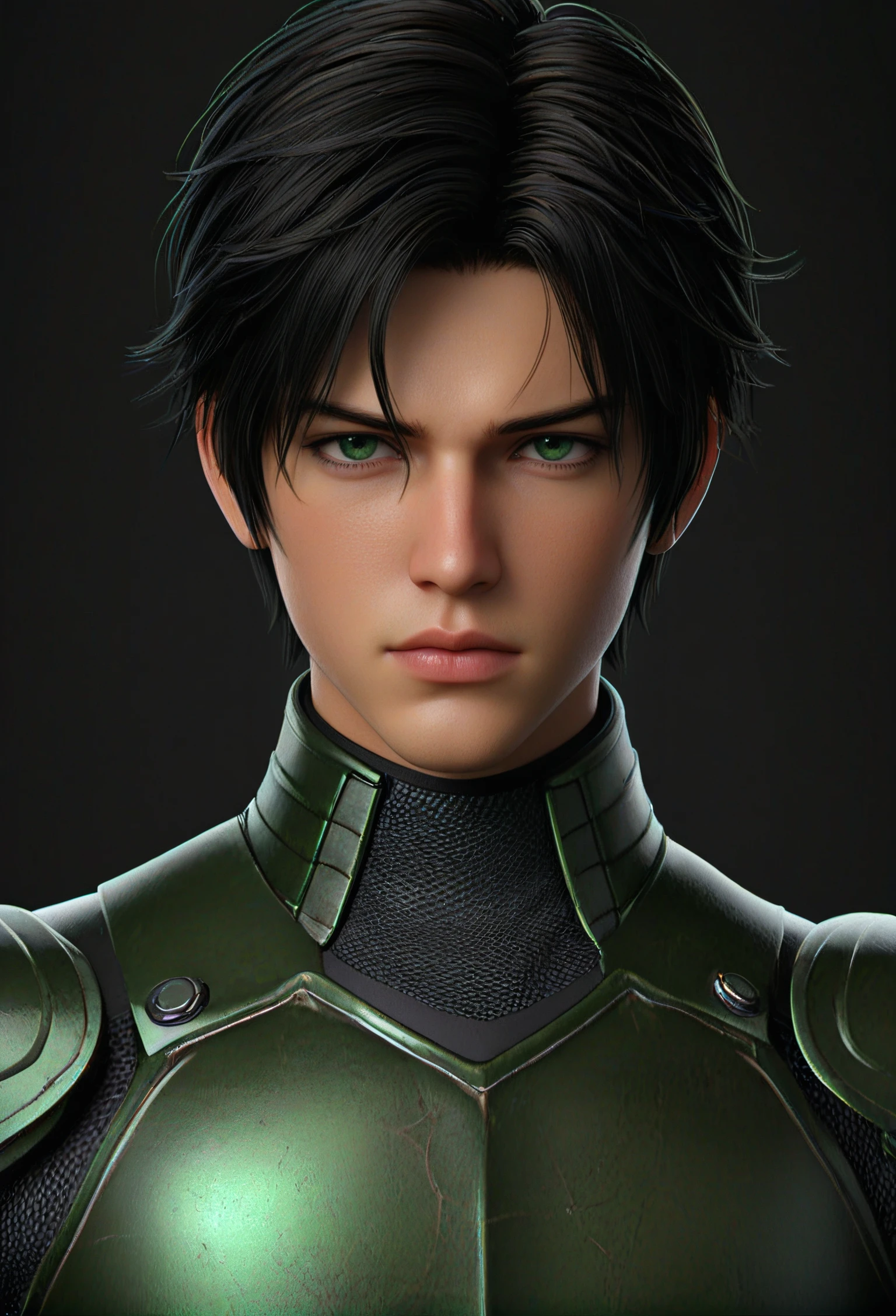 solo, looking at viewer, short hair, black hair, 1boy, hair between eyes, closed mouth, green eyes, upper body, male focus, armor, lips, bodysuit, black background, realistic, straight-on