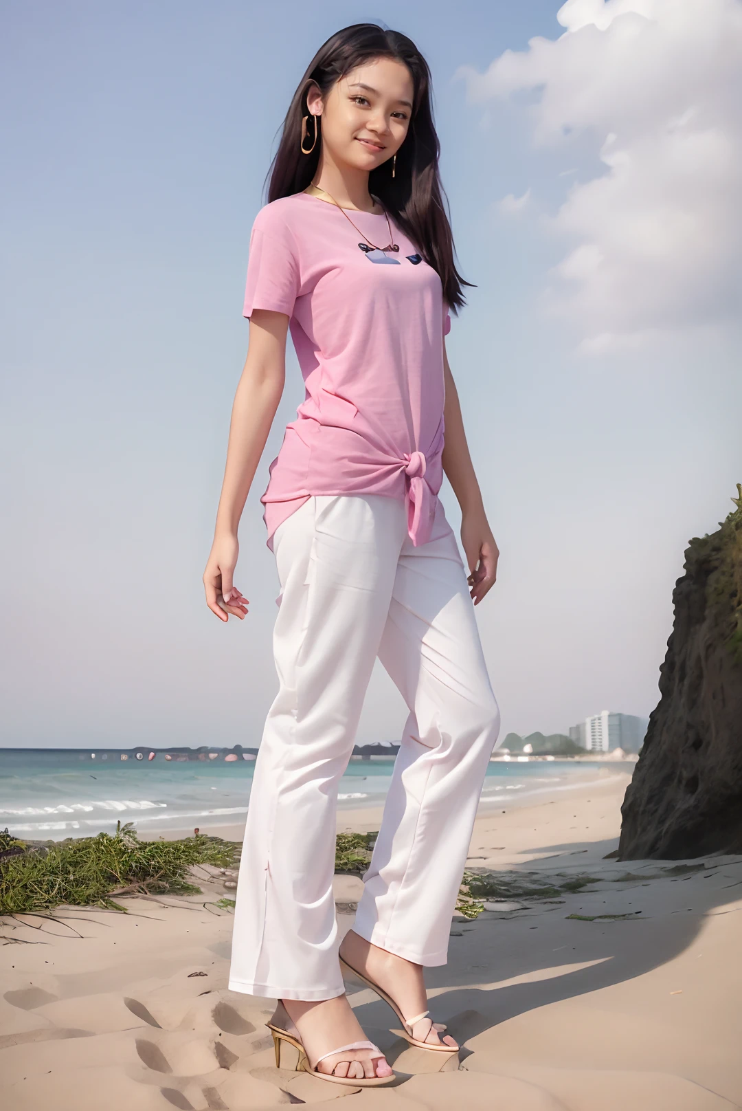 ((masterpiece)), ((best quality)), ((detailed)), ((realistic)), ((nikon RAW photo, 8K, Fujifilm XT3, HDR10+, high-res, depth of field, huge filesize, low-angle shot)), (1girl, solo, standing straight, arms at side, spreading arms), ((((full body:1.5), small breast:1.4, slender body:1.3, body height 163 cm, body weight 48 Kg, realistic body, 21 years old, 34D Cup))), (photorealistic:1.4), photorealism, photography, hyperrealistic, hyperdetailed, lots of details, extremely amazing finely detail, shoot by professional, professional photography, studio lighting, professional tuned lighting, outdoor, beach, sea wave background, perfection, best of the best, professional model, photo model, tuned by professional, flirty, naughty, cute, extremely delicate beautiful, a dashing collected professional beauty woman, Woman, Girl, neat, polite, melly, long hair, hair parted at the back, pink t-shirt, pink pants, photo on the beach, pink sandals, bright smile, casual pose, beautiful pose, clean clothes, proportional, untucked, looking at camera, gold necklace, gold small earrings, beautiful smile, beautiful face, beautiful body, perfect body, young adult, indonesian, Indonesia, SFW,  <lora:Javanese_Girl_V6:0.8>