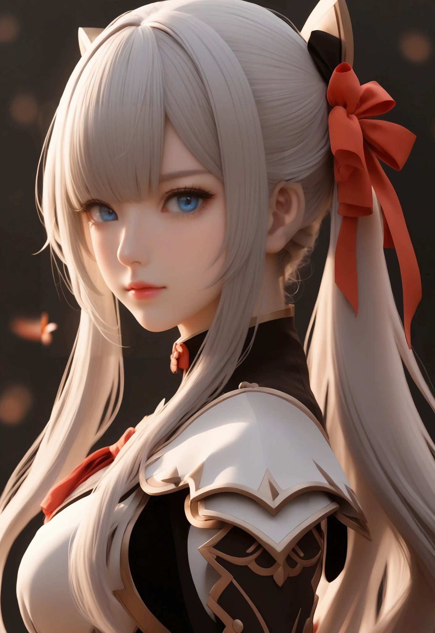 i want the whole image to be created in 3D anime style, 1girl, solo, long hair, looking at viewer, bangs, blue eyes, simple background, hair ornament, ribbon, closed mouth, hair ribbon, ponytail, white hair, sidelocks, black gloves, blunt bangs, armor, mole, from side, lips, looking to the side, petals, mole under eye, black background, portrait, tress ribbon, realistic, nose, kamisato ayaka