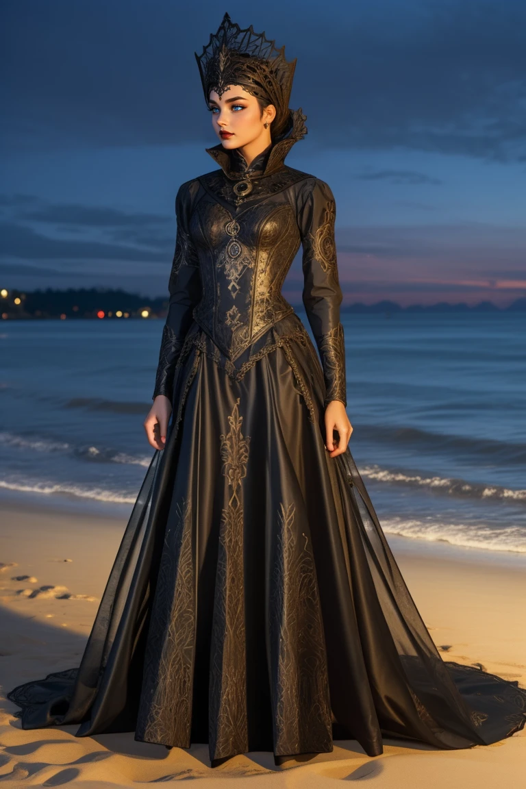 full body, woman, brown hair, HUD_Evl_Qn, makeup, lipstick, long black dress, headdress, high collar, neckpiece, laser cut, intricate carved corset, long sleeves, boots, <lora:Fairy_Tale_Dress_2__evil_queen-000008:0.65>, beach background at night