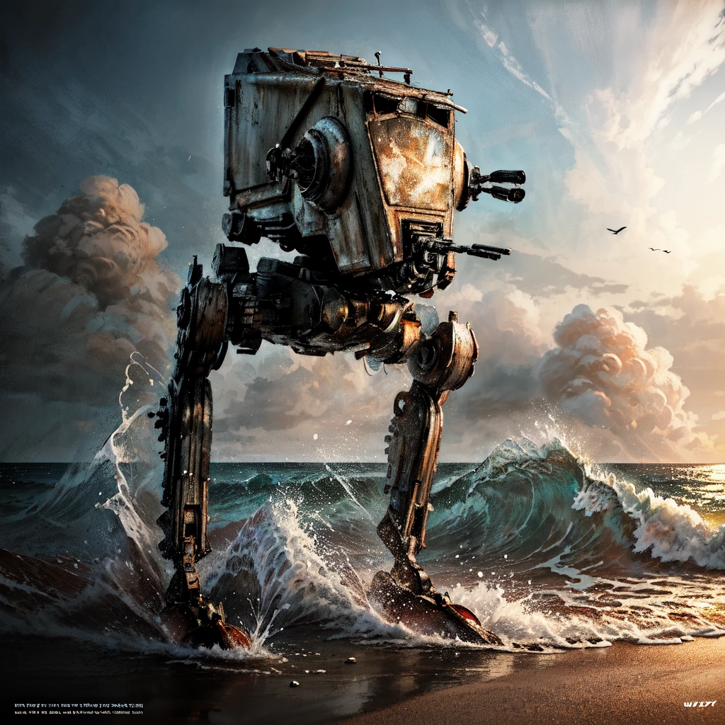 atstwlkr, mecha, standing, beach, sand, ocean, surf, (ultra-detailed), (masterpiece), (best_quality), (cinematic_lighting), (vibrant_colors)