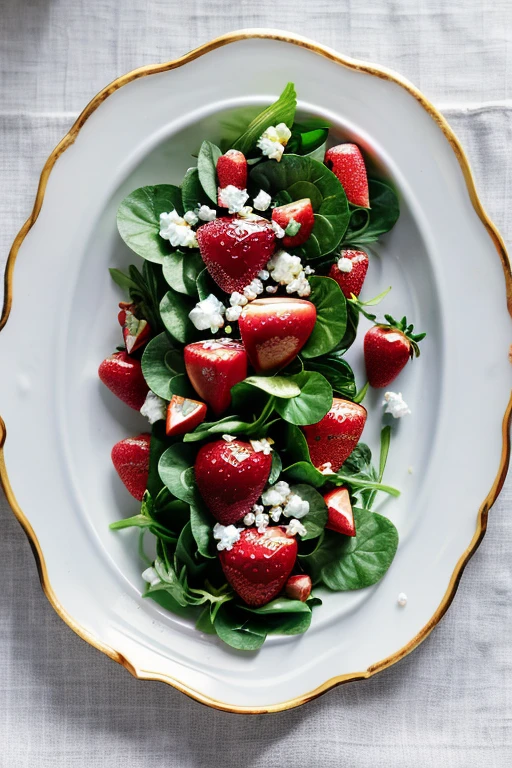 (fresh fruit:1,ripe,healthy:1,scene:1.5,realistic,hdr,photoreal,dish,mockup,scene creator),Strawberry Spinach Salad: Baby spinach leaves topped with sliced strawberries, crumbled goat cheese, toasted almonds, and a tangy strawberry vinaigrette.
