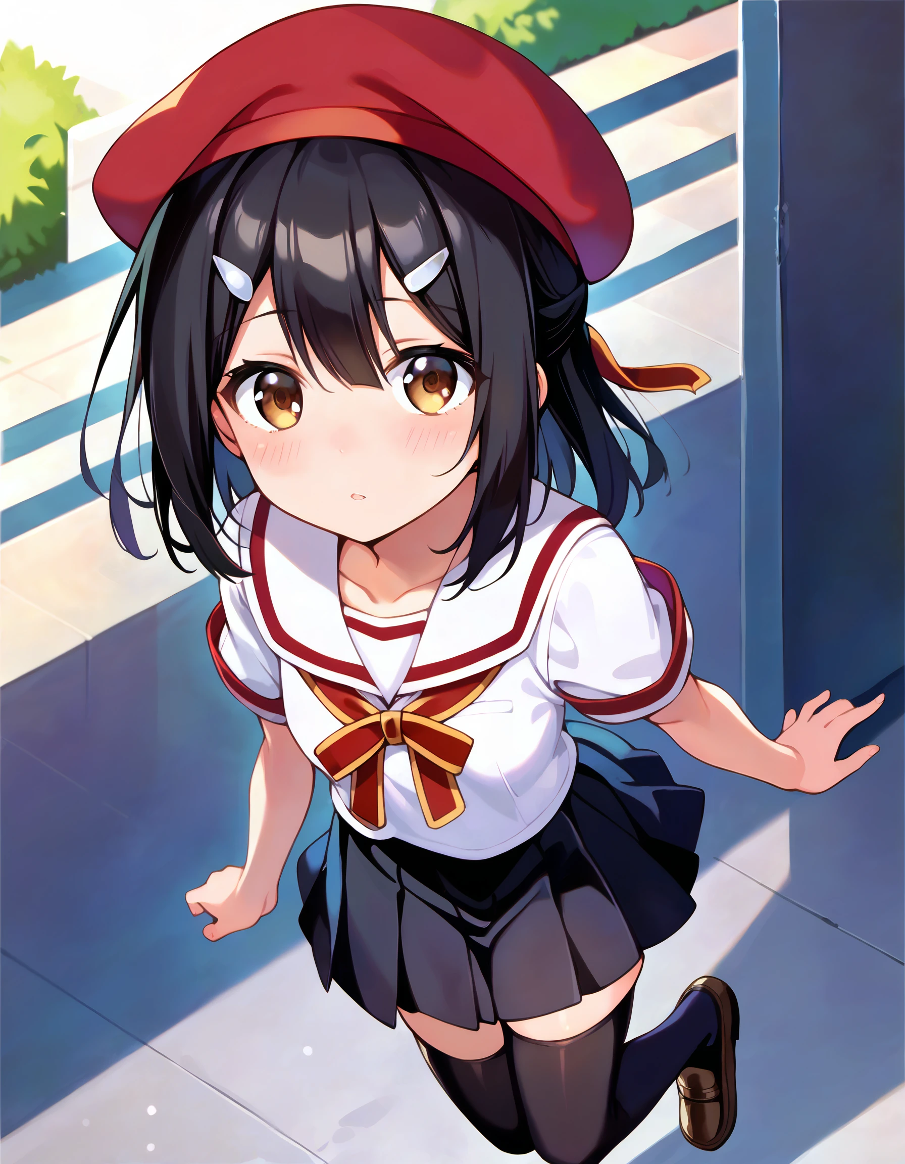 score_9, score_8_up, score_7_up, source_anime,
cute 1girl, solo,  on street, looking ap, blush, parted lips, from above,  looking at viewer,
 <lora:MiyuEdelfelt_pony_v1r:0.8>
miyue,  1girl, solo, medium hair, black hair,  sidelocks, hairclip,  hair between eyes,  bangs, hair ornament,brown eyes, small breasts,
school uniform, homurahara academy school uniform, serafuku, white sailor collar, neck ribbon, white shirt, puffy short sleeves, pleated skirt, black thighhighs, black skirt, beret, loafers,