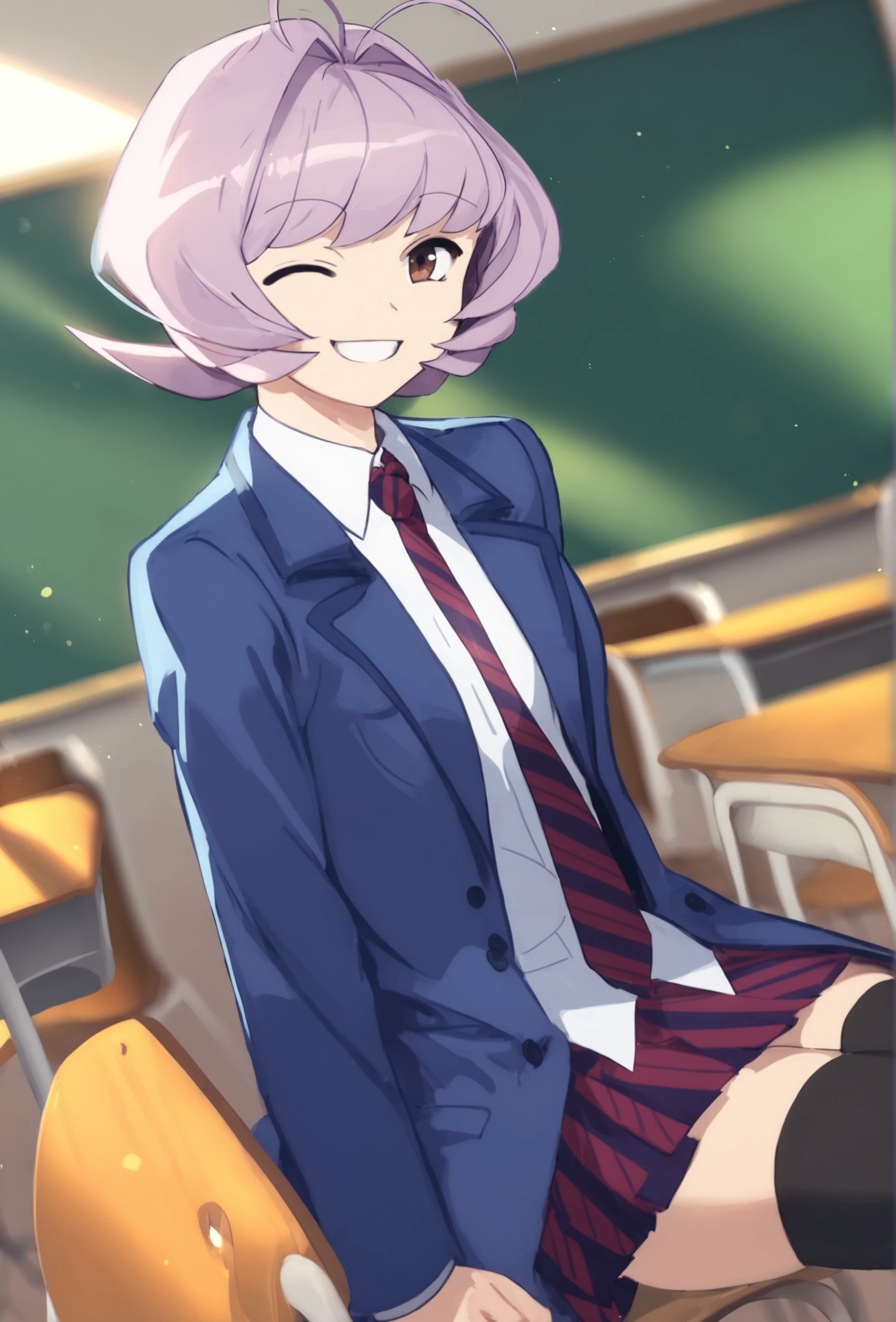 score_9, score_8_up, score_7_up, score_6_up, score_5_up, score_4_up, solo, <lora:osana_najimi_ponyxl_r5_e10:0.9> osananajimi, smile, sitting, classroom, chair, desk, school uniform, blue coat, open coat, collared coat, black thighhighs, looking at viewer, teeth, brown eyes, one eye closed, arm support, sunbeam, chalkboard, light particles, depth of field,