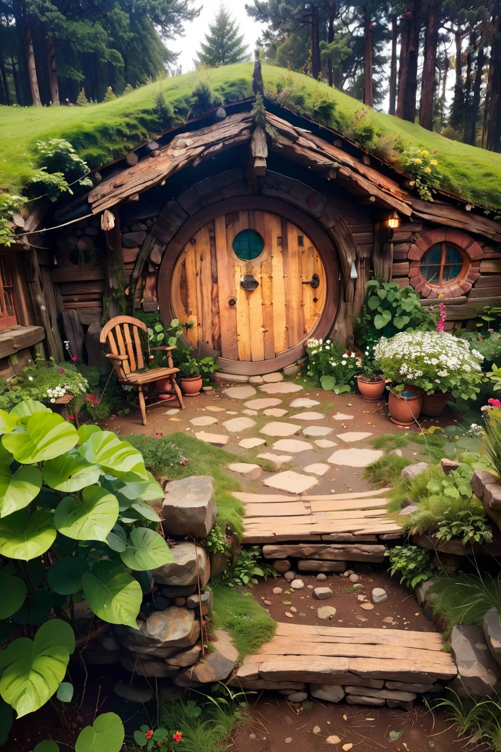 ((masterpiece, best quality)), <lora:Hobbit_Hole:0.8>, high resolution, highly detailed, Hobbit Hole, flower, day, tree, no humans, traditional media, grass, plant, nature, forest, bench, bush, wood