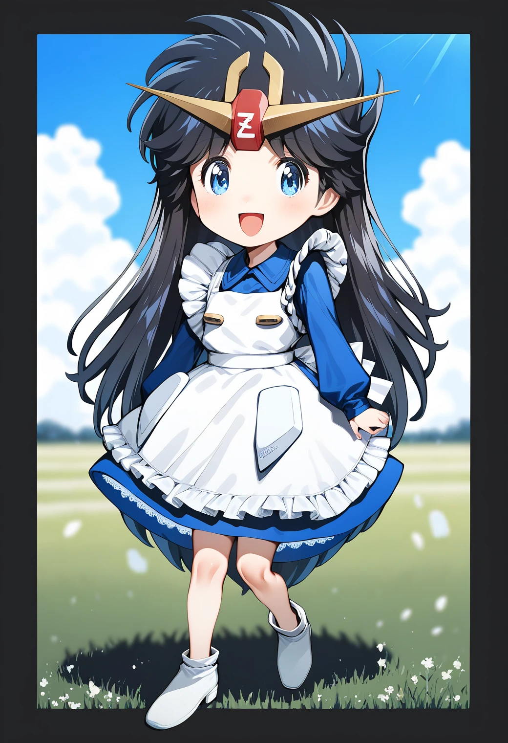 1girl, chibi, (field:1.2), sky, sunlight, smile, open mouth,
z-chan, blue eyes, black hair, long hair, v-fin, dress, long sleeves, white apron, <lora:Z-chan_pony_ver1:1>, score_9, score_8_up, score_7_up, BREAK source_anime, rating_explicit, best quality, masterpiece, uncensored, solo,