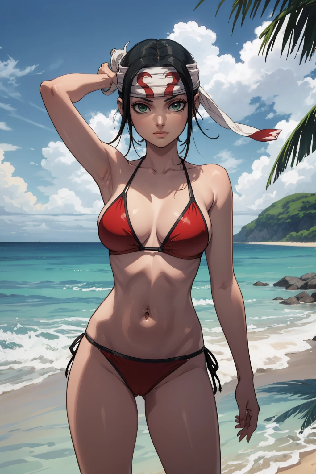 masterpiece, best quality,
1girl, kyoukai, black hair, green eyes, headband, bikini, navel, midriff,
standing, solo, looking at viewer, sea, sand, blue sky, tropical island background <lora:Kyoukai:0.8>