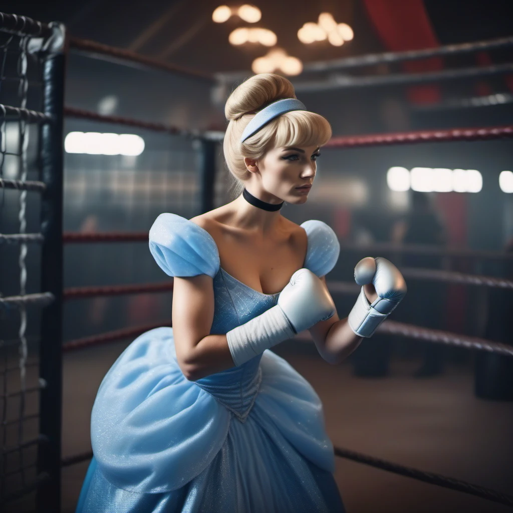 cinematic photo cinematic photo a full body agressive cinderella is a MMA fighter in a cage, boxing gloves <lora:Cinderella1024:0.8> . 35mm photograph, film, bokeh, professional, 4k, highly detailed . 35mm photograph, film, bokeh, professional, 4k, highly detailed