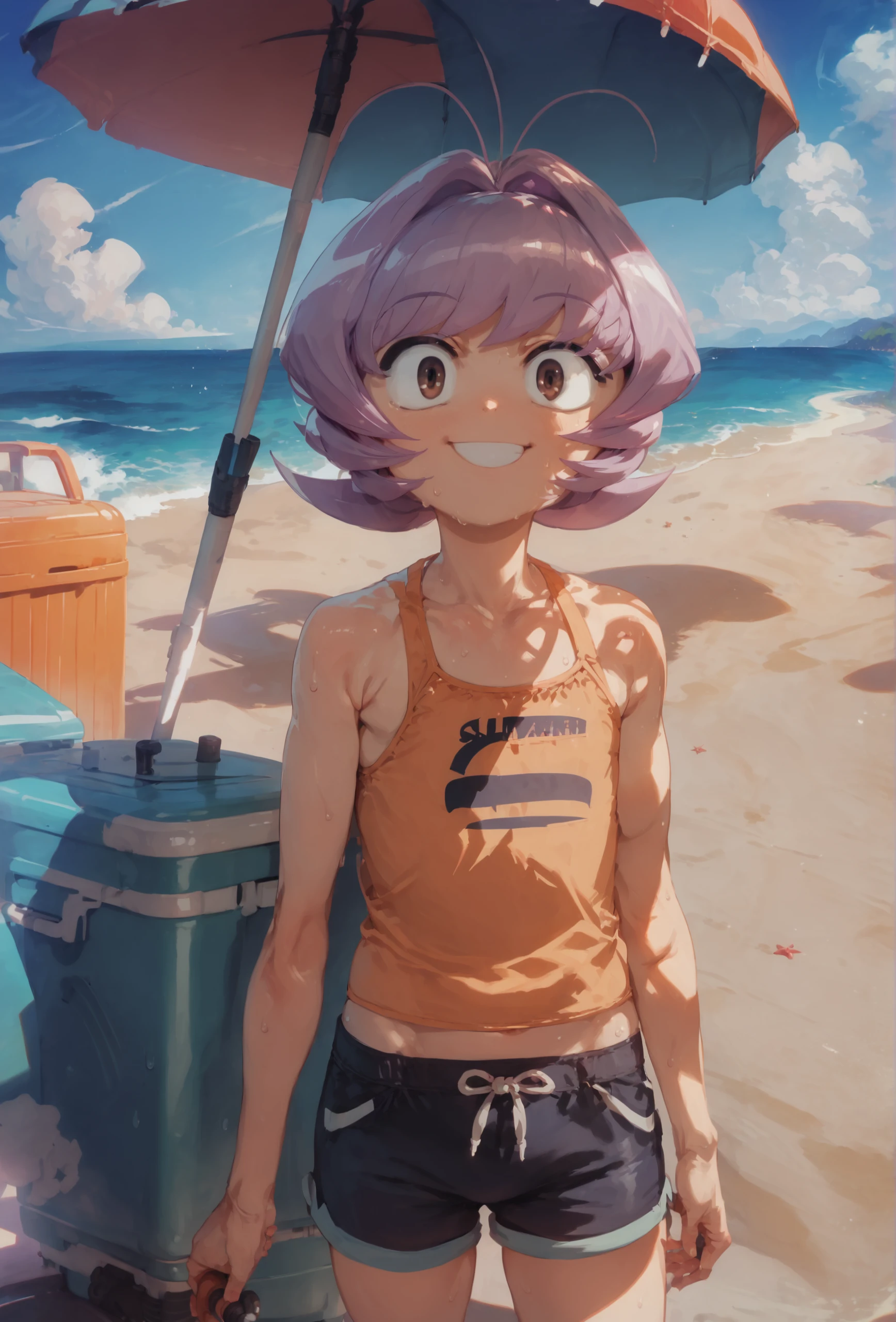 score_9, score_8_up, score_7_up, score_6_up, score_5_up, score_4_up, solo, <lora:osana_najimi_ponyxl_r5_e10:1> osananajimi, shorts, tank top, beach, ocean, blue sky, cloud, umbrella, sunbeam, flat chest, sweat, cooler, shade, smile, looking at viewer, brown eyes <lora:Anime Summer Days 2 Style SDXL_LoRA_Pony Diffusion V6 XL:1>