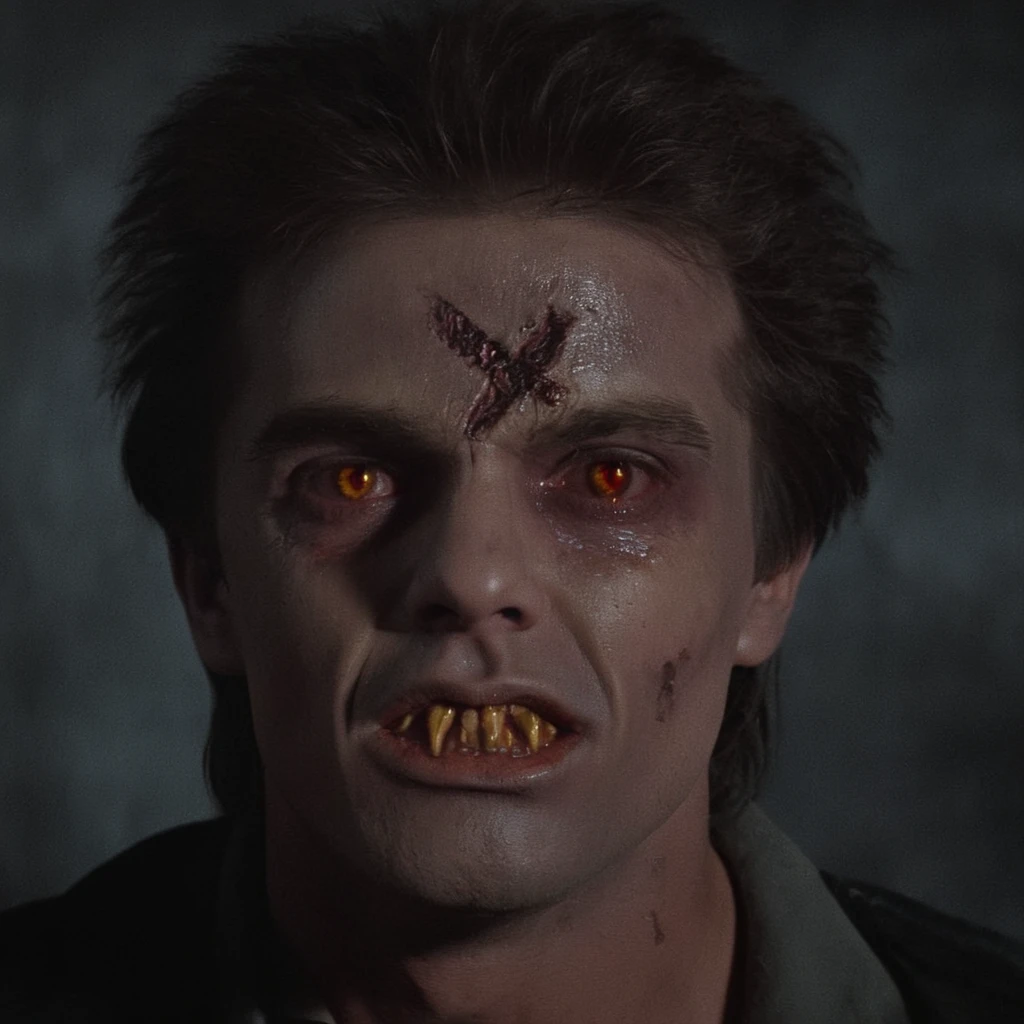 Horror-themed,  <lora:Evil Ed:1>
In the 1980's Vampire monster Evil Ed a vampire monster with a scar cross mark on his face forehead and big monster teeth and golden red reflective eyes,Vampire2 a man with a bloody face and a creepy look on his face,solo,looking at viewer,short hair,1boy,brown eyes,yellow eyes,male focus,parted lips,teeth,facial hair,scar,portrait,scar on face,realistic , Horror themed, dark themed, Fright Night 1985 style, Eerie, unsettling, dark, spooky, suspenseful, grim, highly detailed