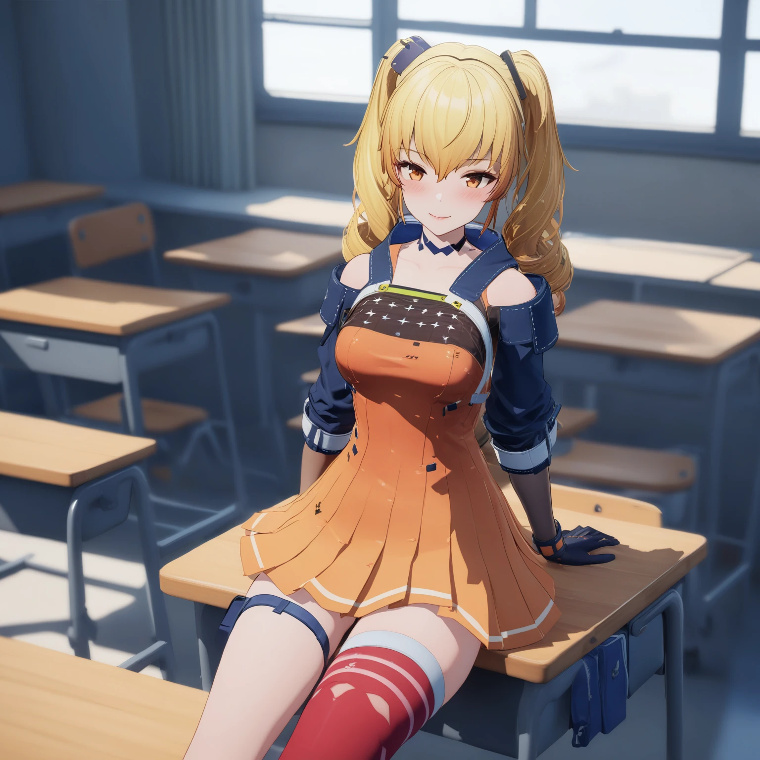 [high quality, best quality], (cinematic), 1girl, solo, fenny golden, [thigh strap, single red thighhigh, gloves, pleated skirt, orange dress, choker], smile, blush, sitting on desk, classroom, (bloom, hdr), <lora:SDXL_Lightning_8steps:1>, <lora:fenny:0.85>
