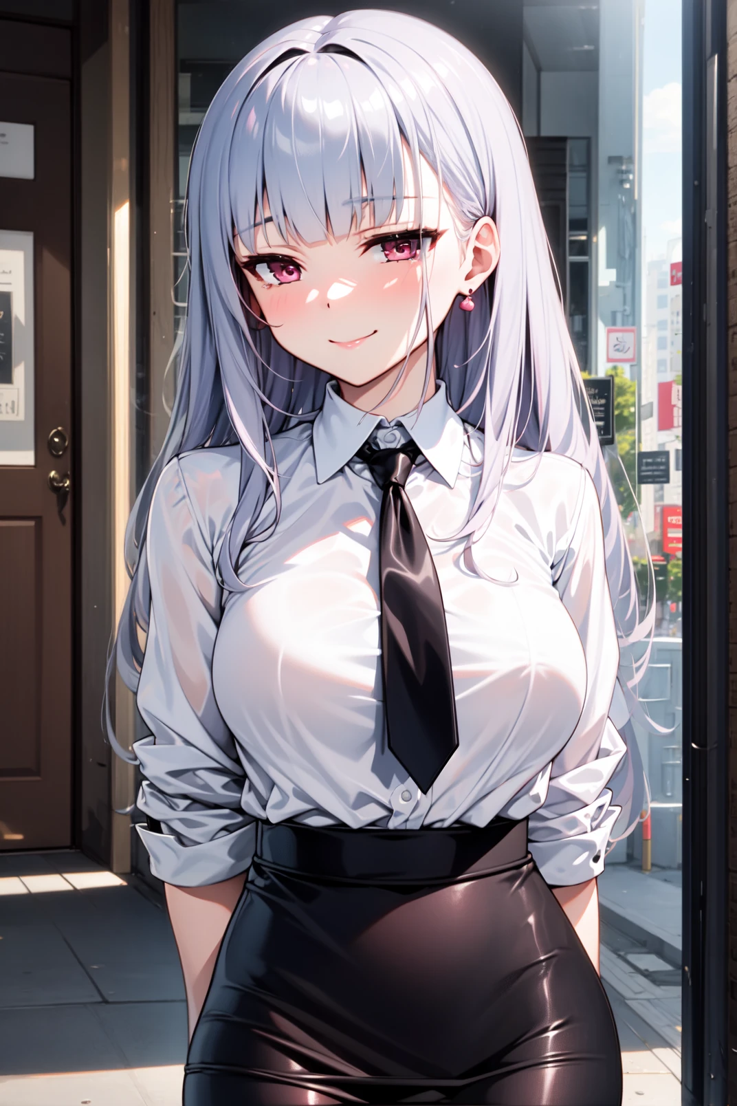 solo, masterpiece, best quality, outdoors, street, collared shirt, white shirt, long sleeves, black necktie, pencil skirt, black skirt, dido, pink eyes, gray hair, long hair, blunt bangs, earrings, smile, closed mouth, arms behind back, thighhighs